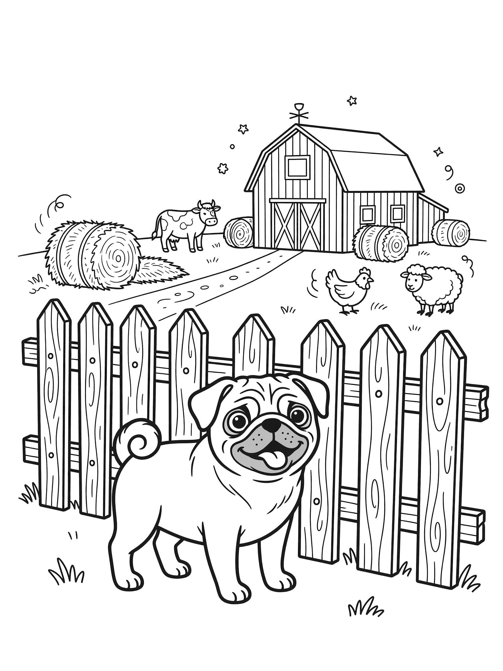 Black and white line art coloring page showing a cute pug dog standing in front of a wooden farm fence with barn, hay bales, cows, sheep and chickens in the background.
