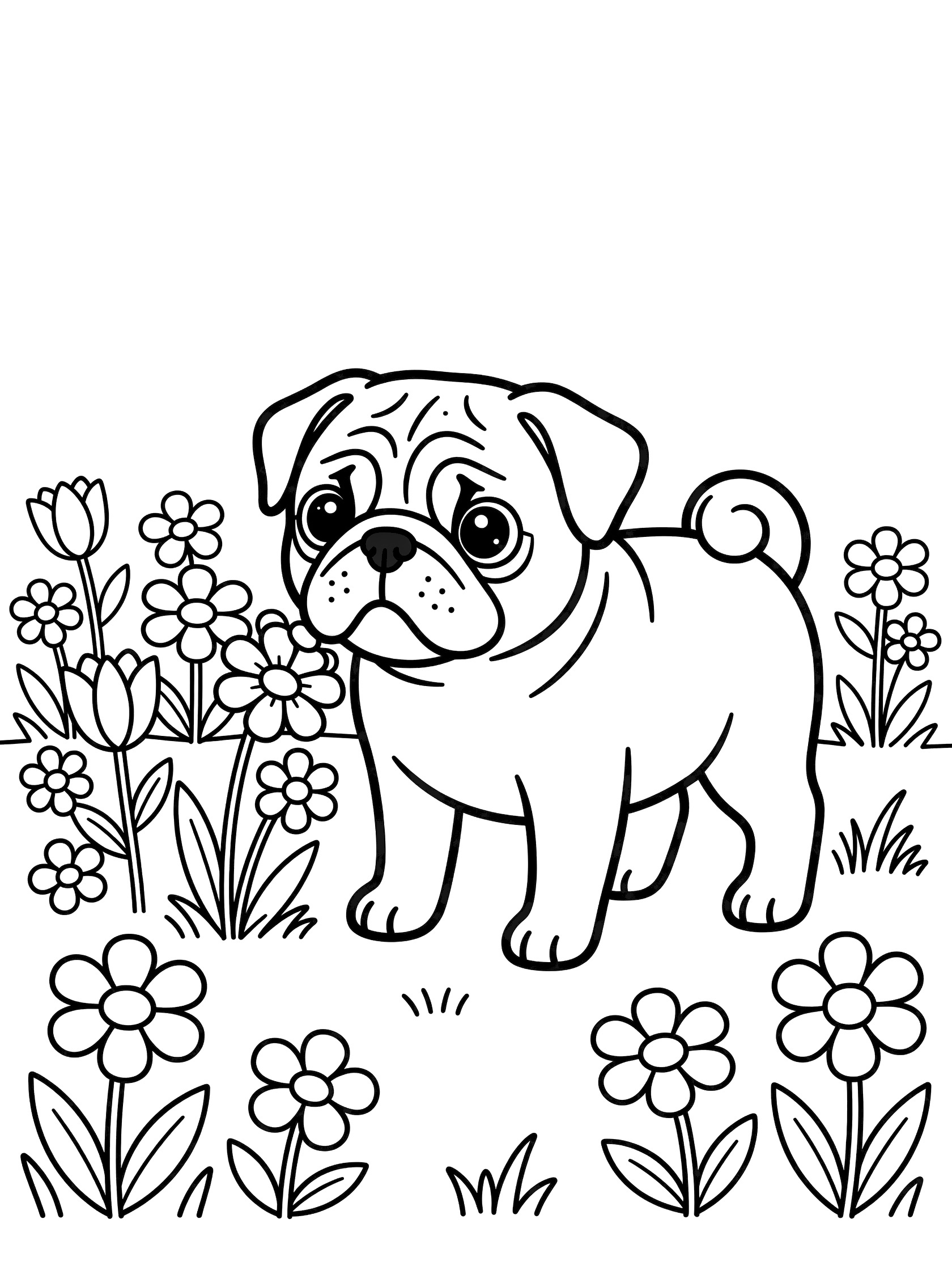 Black and white line art coloring page showing a pug puppy with big eyes sniffing a cluster of flowers surrounded by grass and more blooms.
