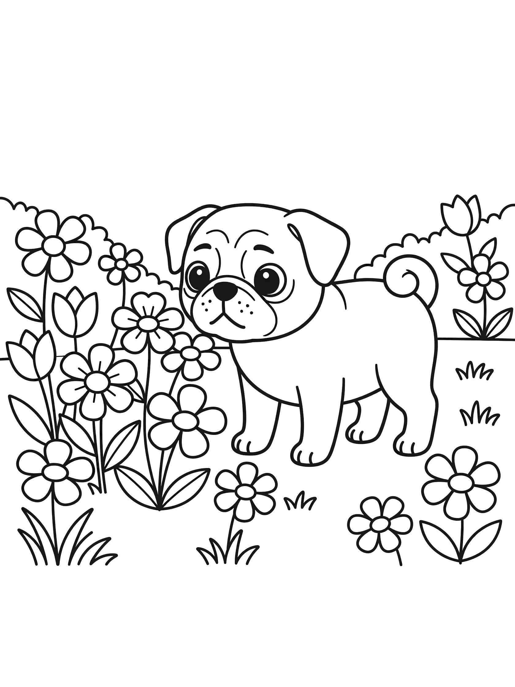 Black and white line art coloring page showing a cute pug puppy with big eyes sniffing a cluster of blooming flowers surrounded by more flowers and grass