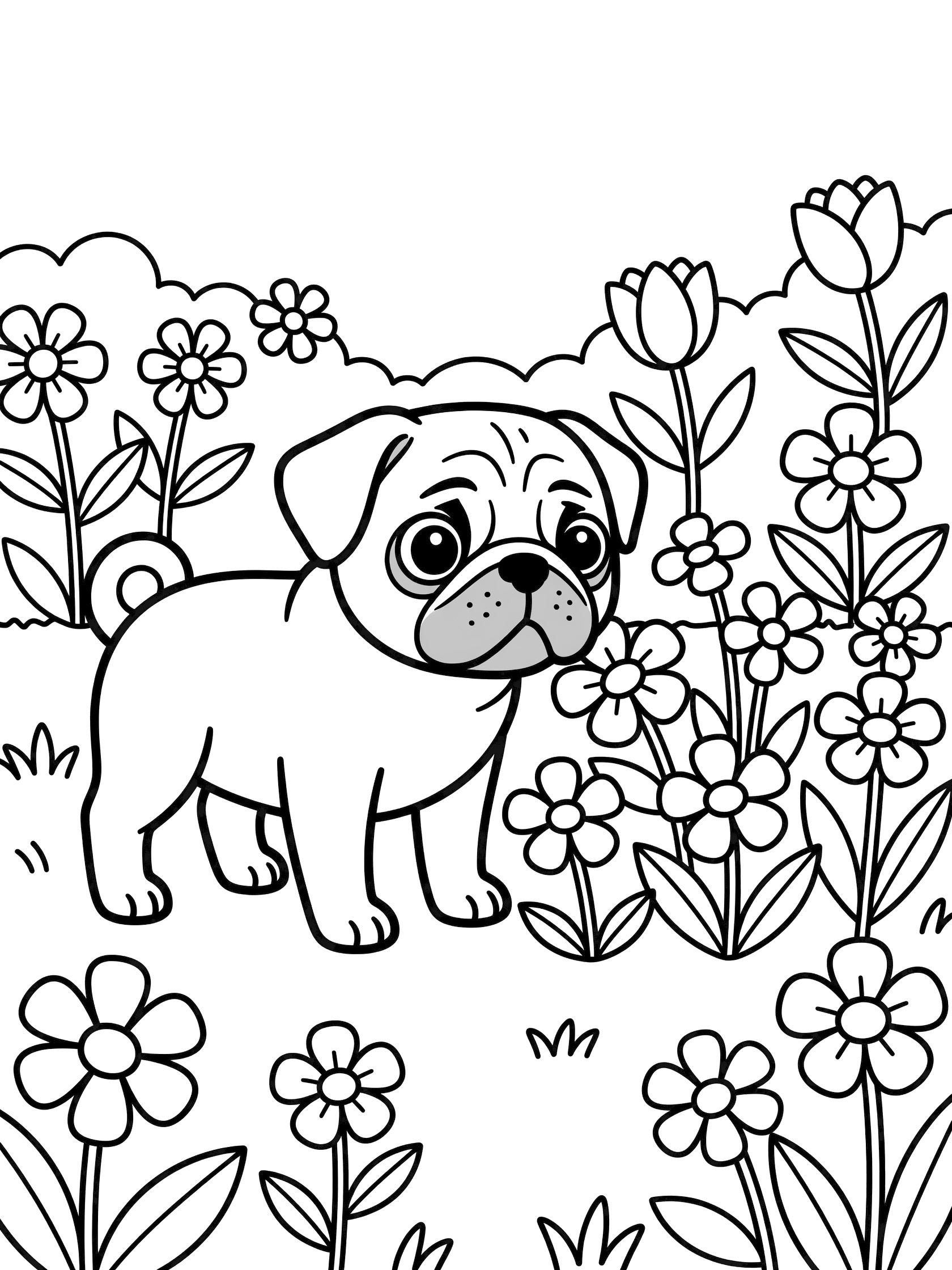 Black and white line art coloring page showing a cute pug dog with big eyes sniffing a cluster of tulips and flowers in a garden.