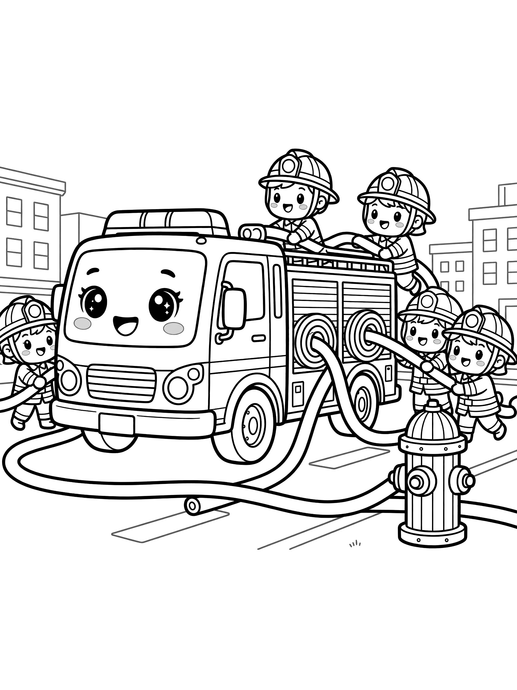 Black-and-white coloring page of a kawaii pumper truck with big eyes and smile, extending coiled hoses from sides to a fire hydrant, with chibi firefighters in helmets pulling hoses on a busy street.