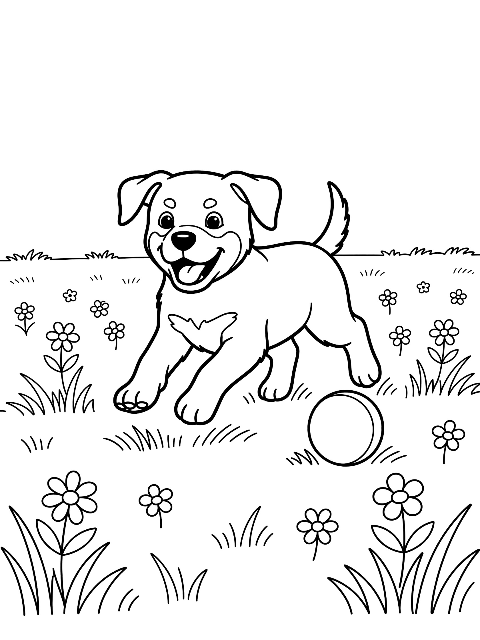 Black and white line art coloring page showing a playful puppy chasing a ball across a grassy field with simple flowers. Rottweiler themed black and white printable line art