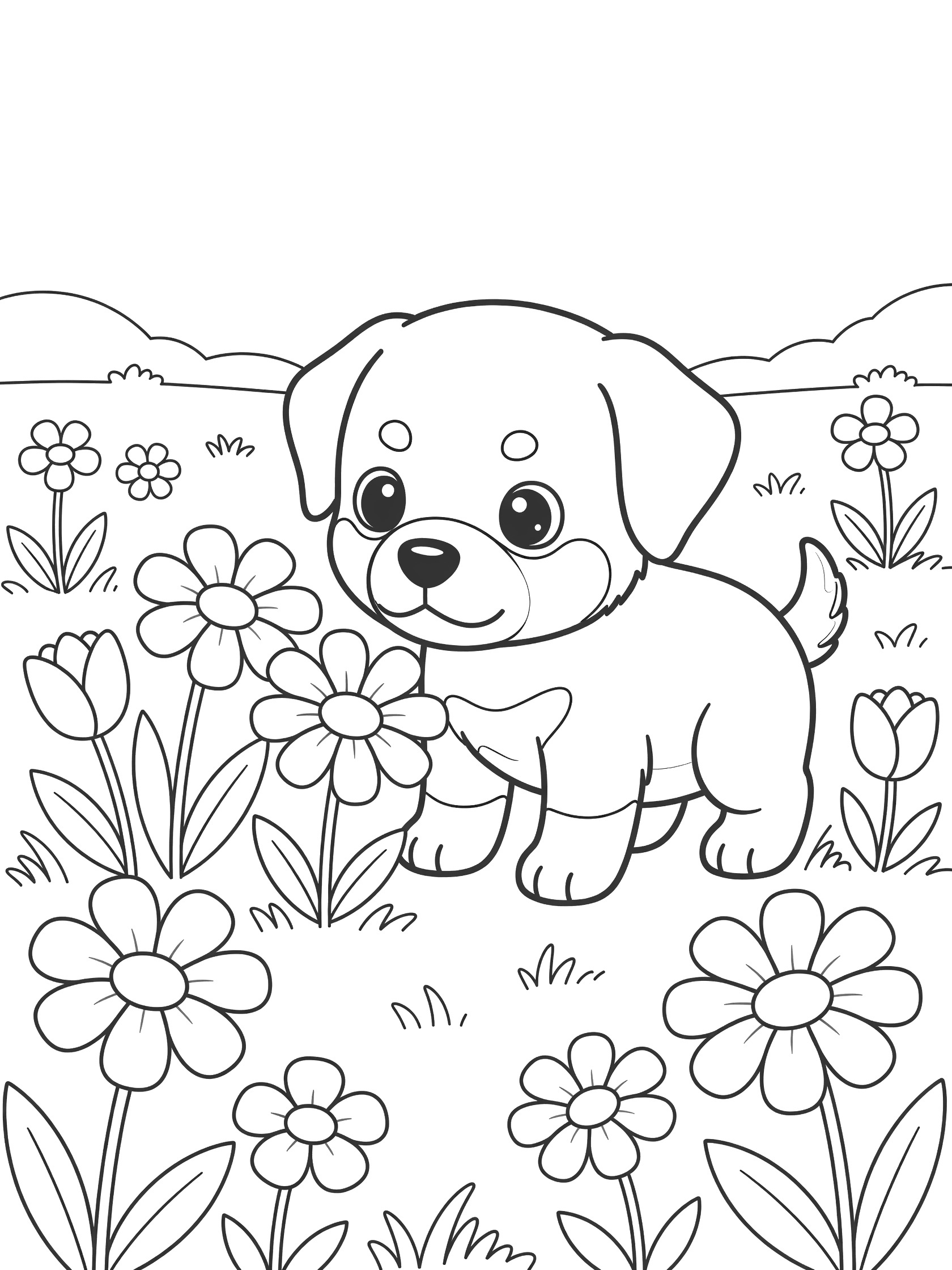 Black and white line art coloring page showing a cute puppy with big eyes sniffing a cluster of flowers in a meadow with more flowers and hills. Rottweiler themed black and white printable line art