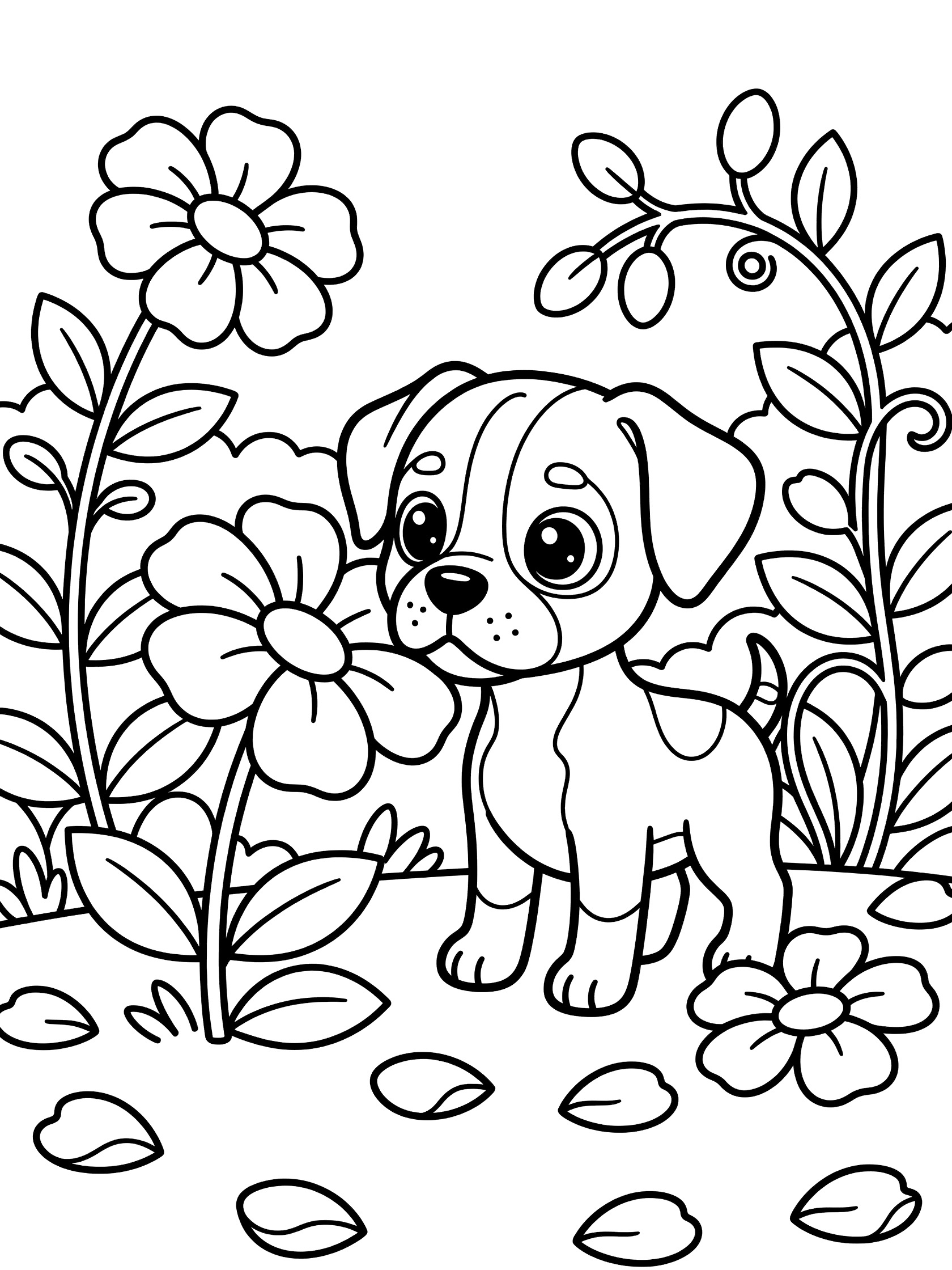 Black and white line art coloring page showing a cute puppy dog sniffing a large flower surrounded by garden vines and scattered petals. Boxer themed black and white printable line art