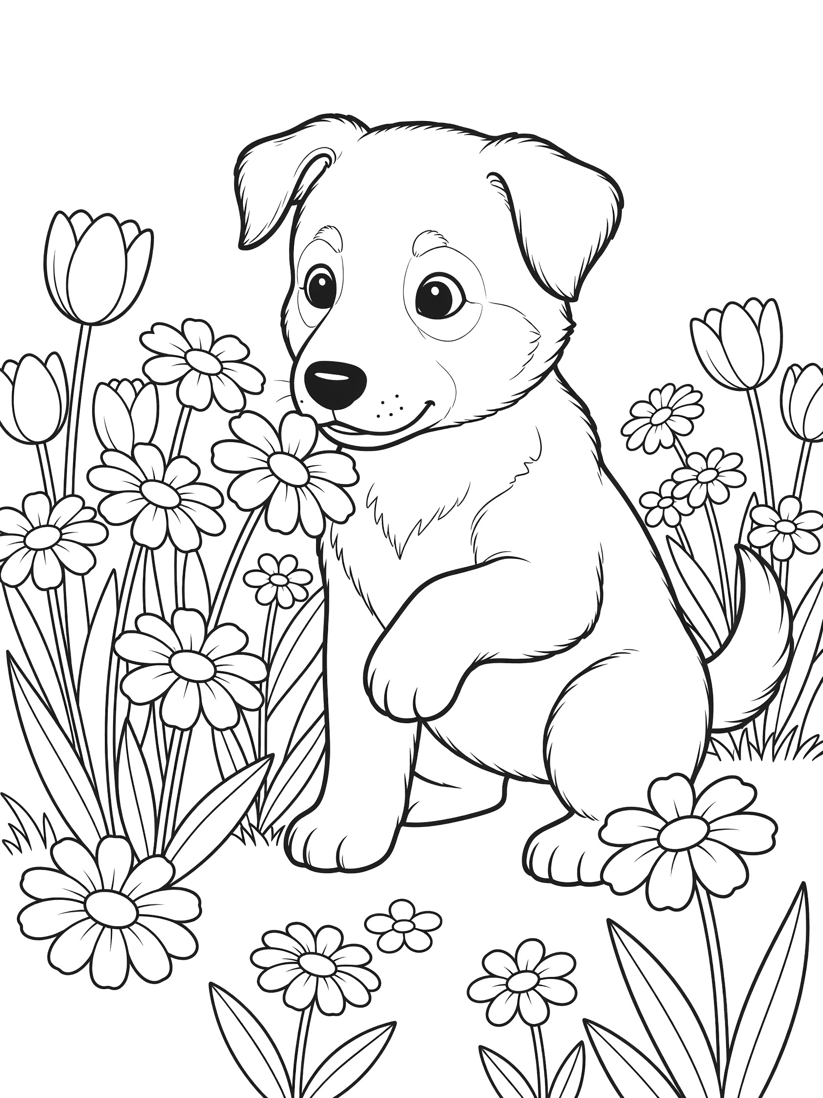 Black and white line art coloring page showing a cute puppy with big eyes sniffing a cluster of daisies and tulips, one paw raised, surrounded by flower stems. German Shepherd themed black and white printable line art
