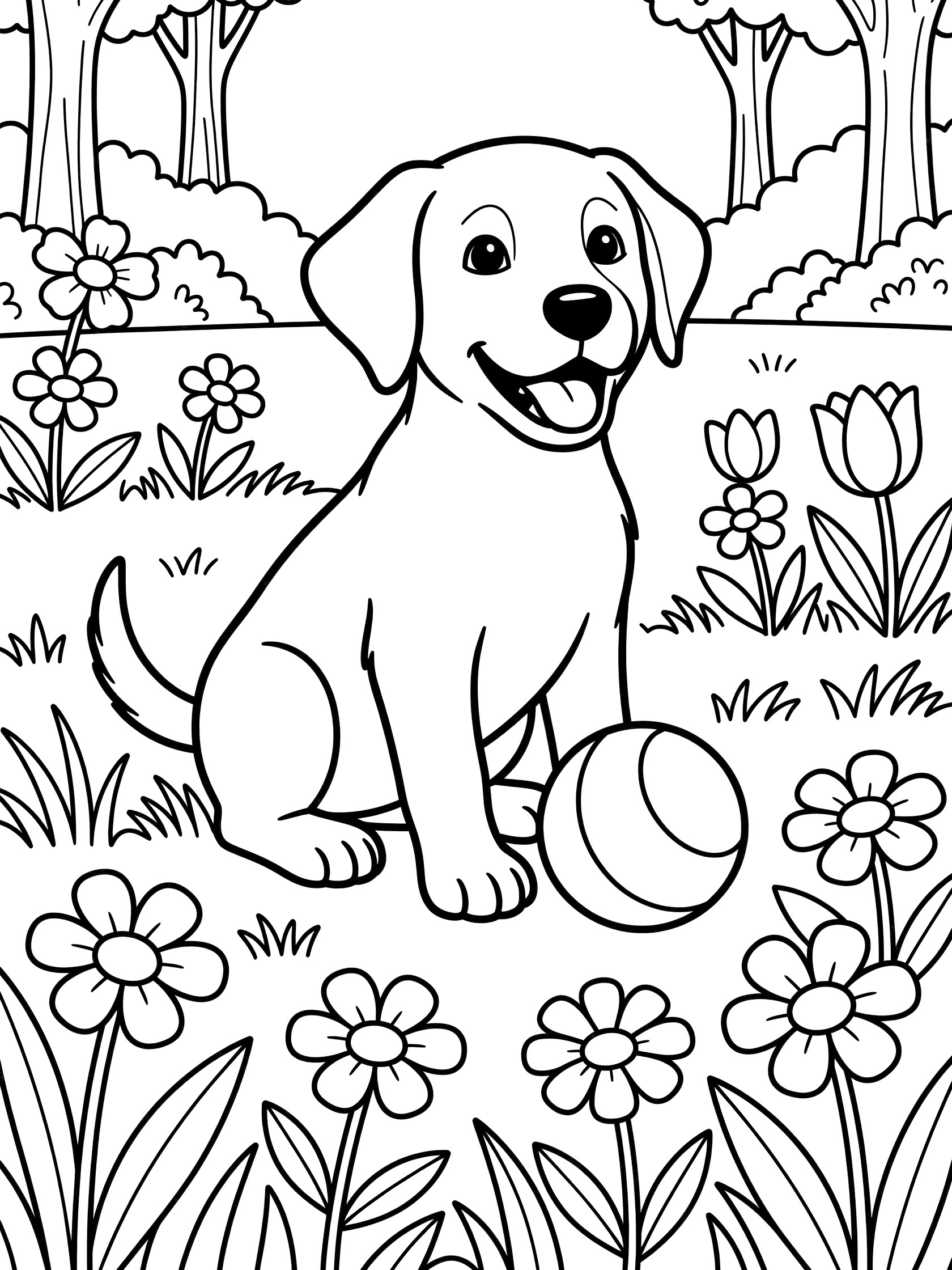 Black and white line art coloring page showing a cute Labrador puppy sitting with a ball at its paws, grass, flowers, tulips and trees in a park. Labrador Retriever themed black and white printable line art