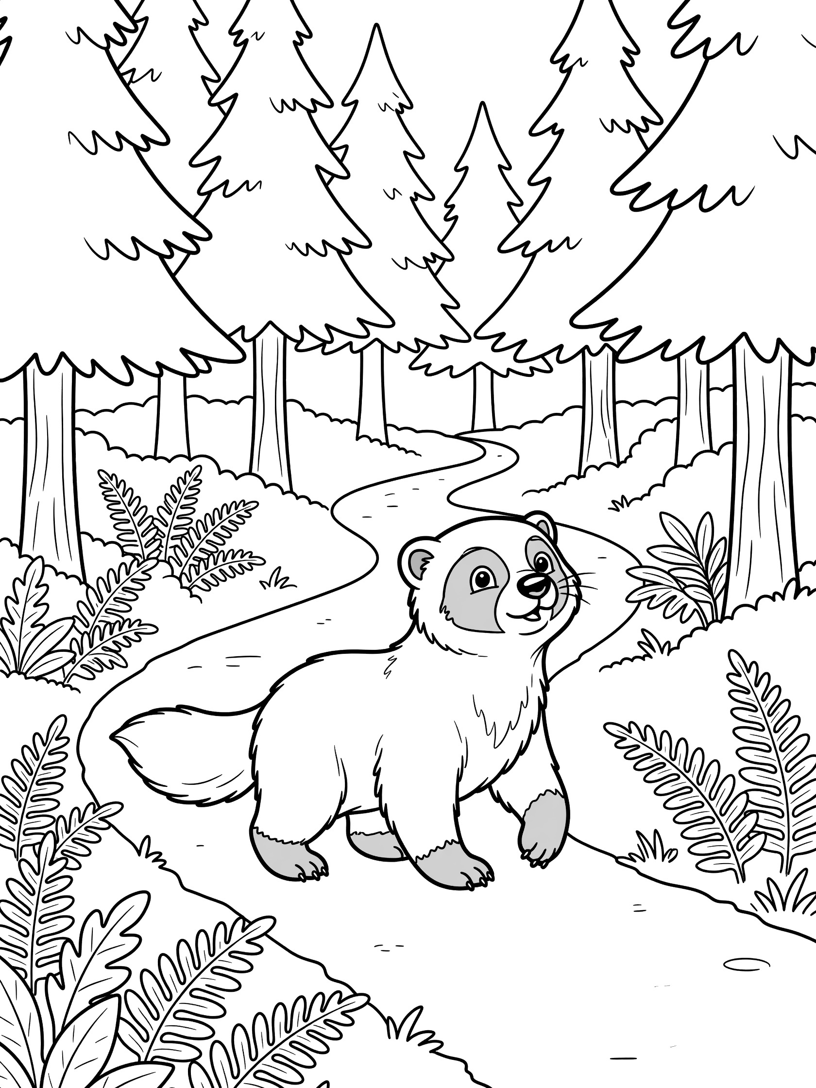 Black and white line art coloring page showing a cute cartoon raccoon with big eyes walking on a winding forest path lined with pine trees and ferns. Wolverine themed black and white printable line art
