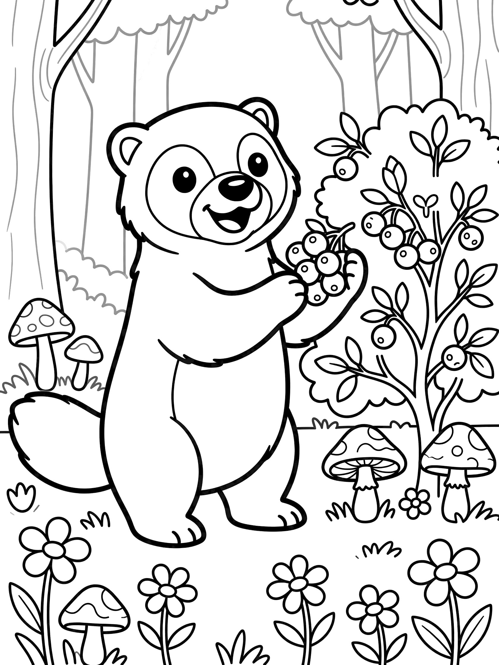Black and white line art coloring page showing a kawaii raccoon on hind legs happily picking blueberries from a bush, surrounded by forest trees, mushrooms, and wildflowers. Wolverine themed black and white printable line art