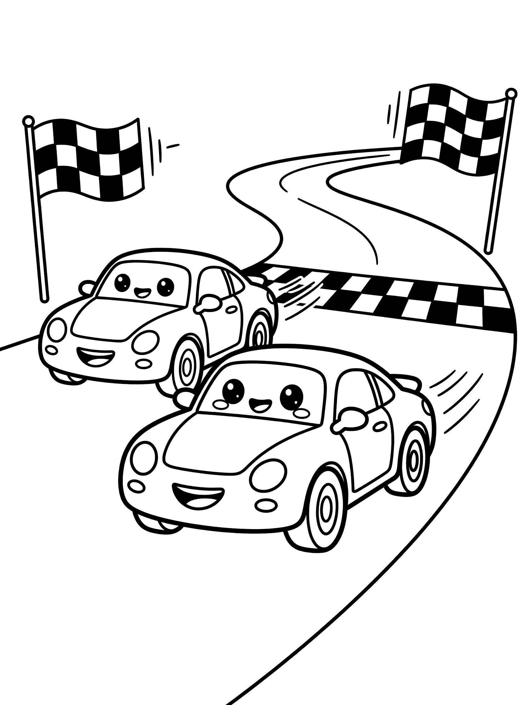 Printable coloring page showing two smiling cartoon race cars racing on a curvy road past checkered flags to the finish line.