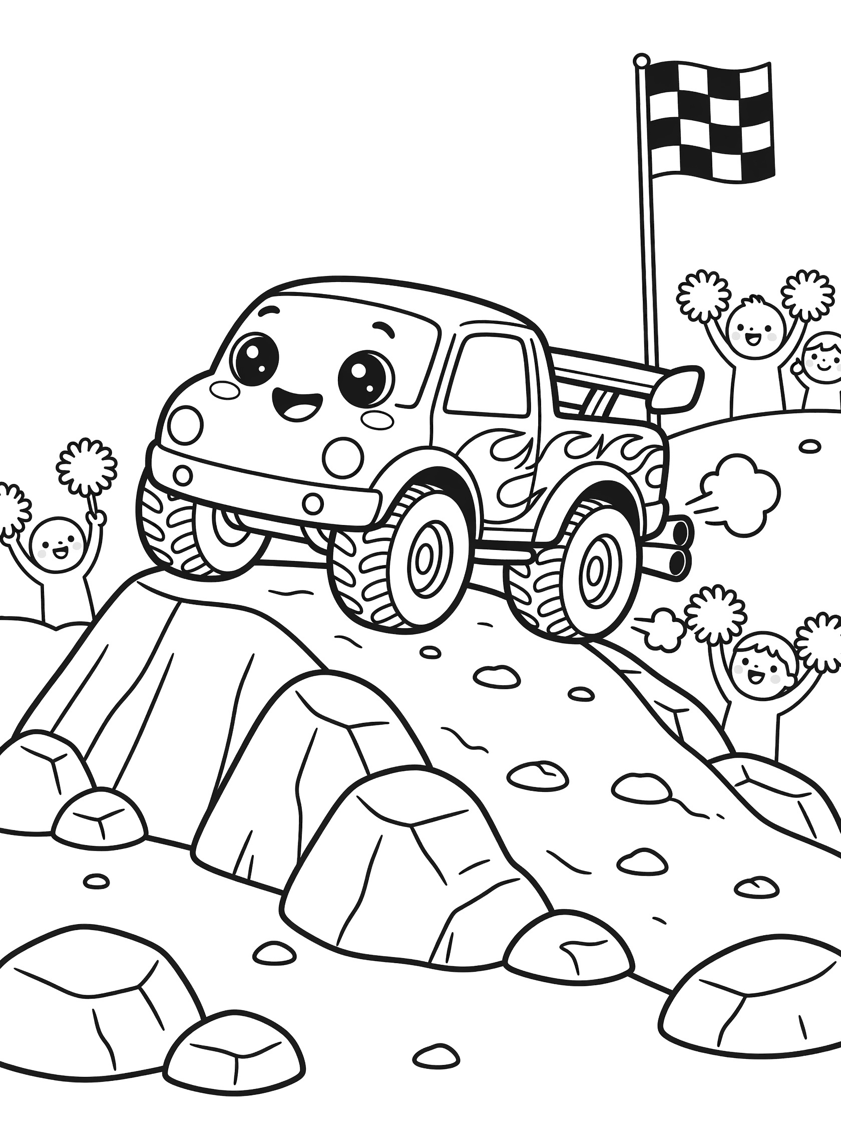 Black and white coloring page showing a happy chubby race truck with sparkling eyes and grin climbing steep rocky hill, oversized tires, flame decals, spoiler, smoke puffs, rocks, pom-pom cheering crowd, and checkered flag pole.