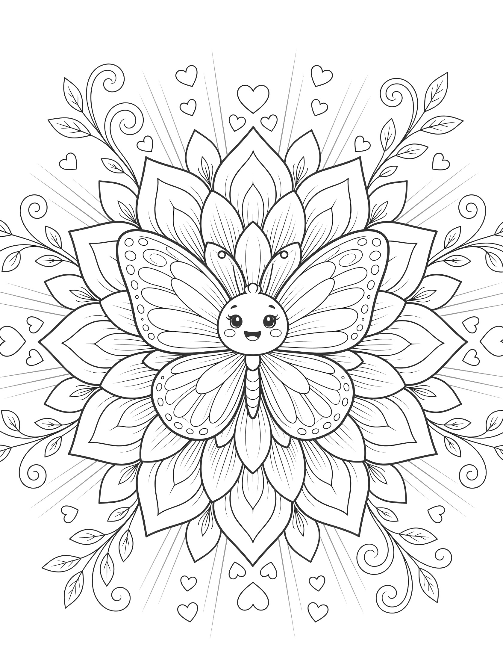 Black and white line art of a kawaii butterfly mandala with big eyes, rosy cheeks, smiling face, flower petal wings, vines, leaves, hearts, and radiating patterns.