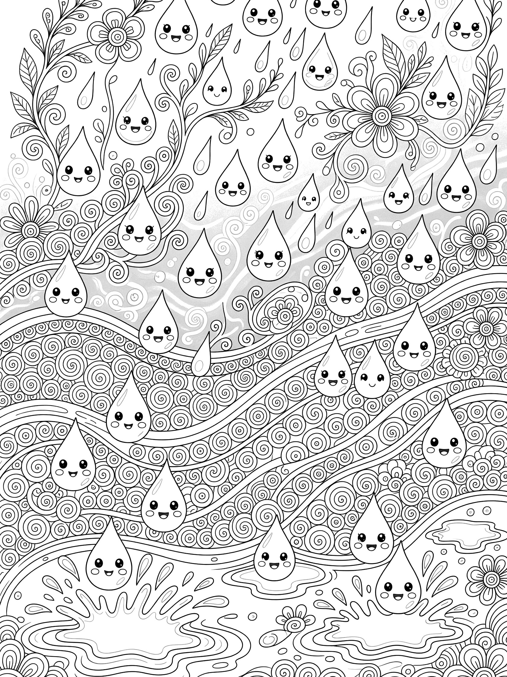 Intricate black and white coloring page of kawaii raindrops with big eyes and smiles cascading in waves, mixed with swirling vines, flowers, and puddles