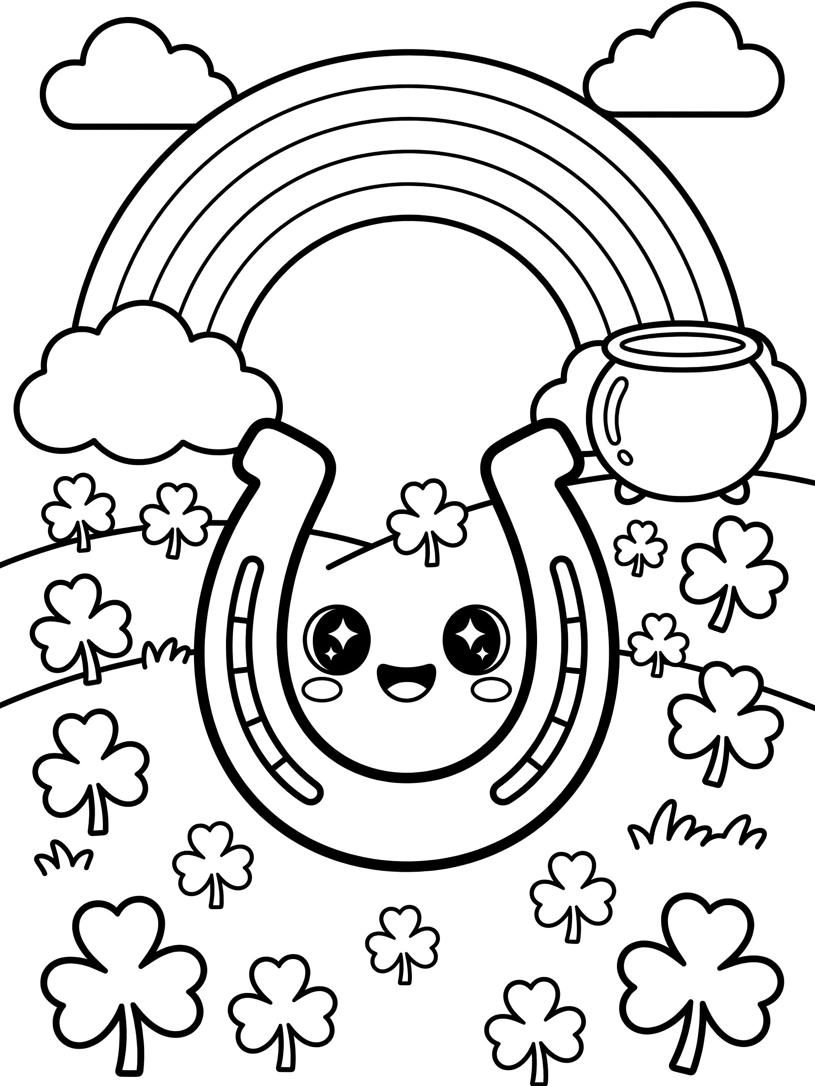 Kawaii coloring page featuring a smiling lucky horseshoe hanging under a rainbow arch, surrounded by four-leaf clovers on a grassy hill with a pot of gold.
