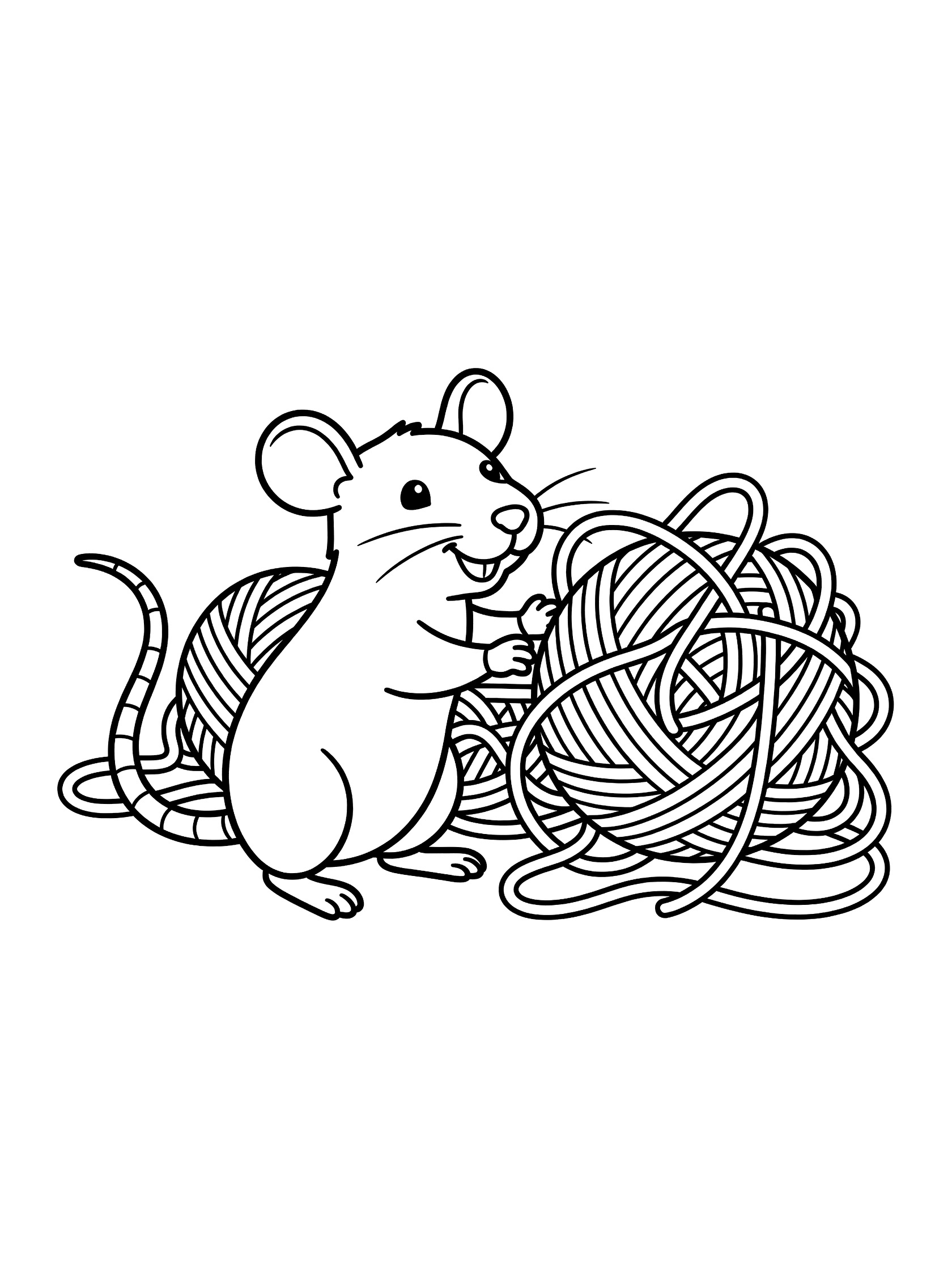 Black and white line art coloring page showing a cheerful pet rat with big ears and curly tail playing with a ball of yarn