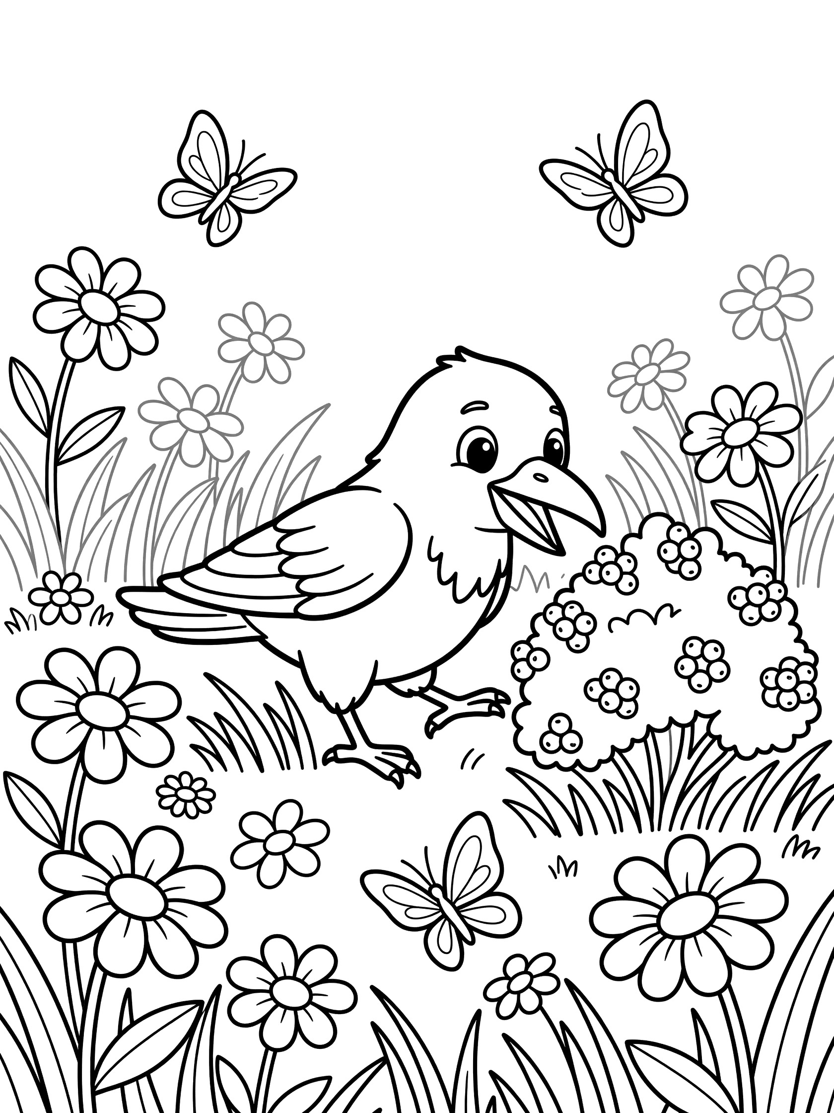 Black and white line art coloring page featuring a cute raven pecking at berries surrounded by flowers and butterflies in a sunny meadow