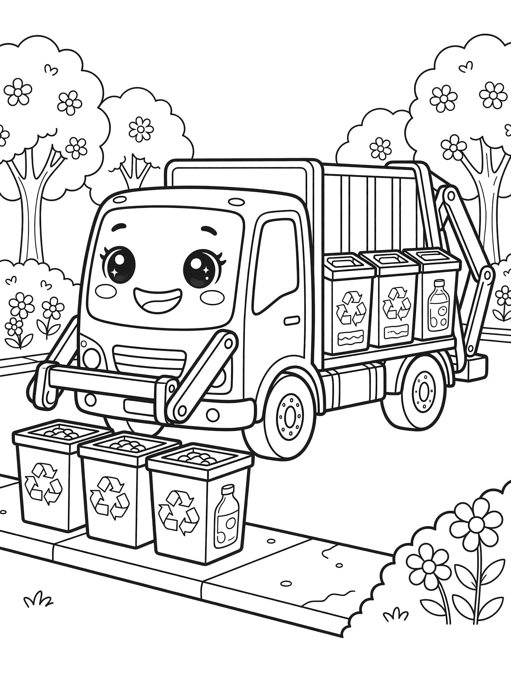 Kawaii-style line art coloring page showing a smiling garbage truck with big eyes lifting recycling bins from the curb, surrounded by trees and flowers.