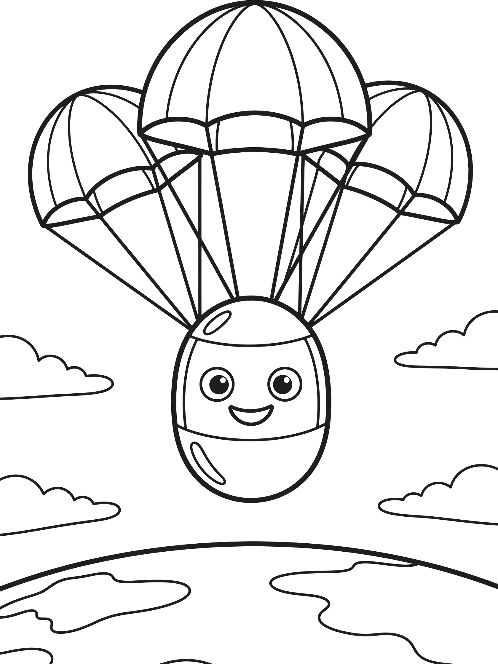 Cartoon reentry vehicle with big eyes and smile, three billowing parachutes above connected by ropes, fluffy clouds, and curved Earth in a simple sky scene.