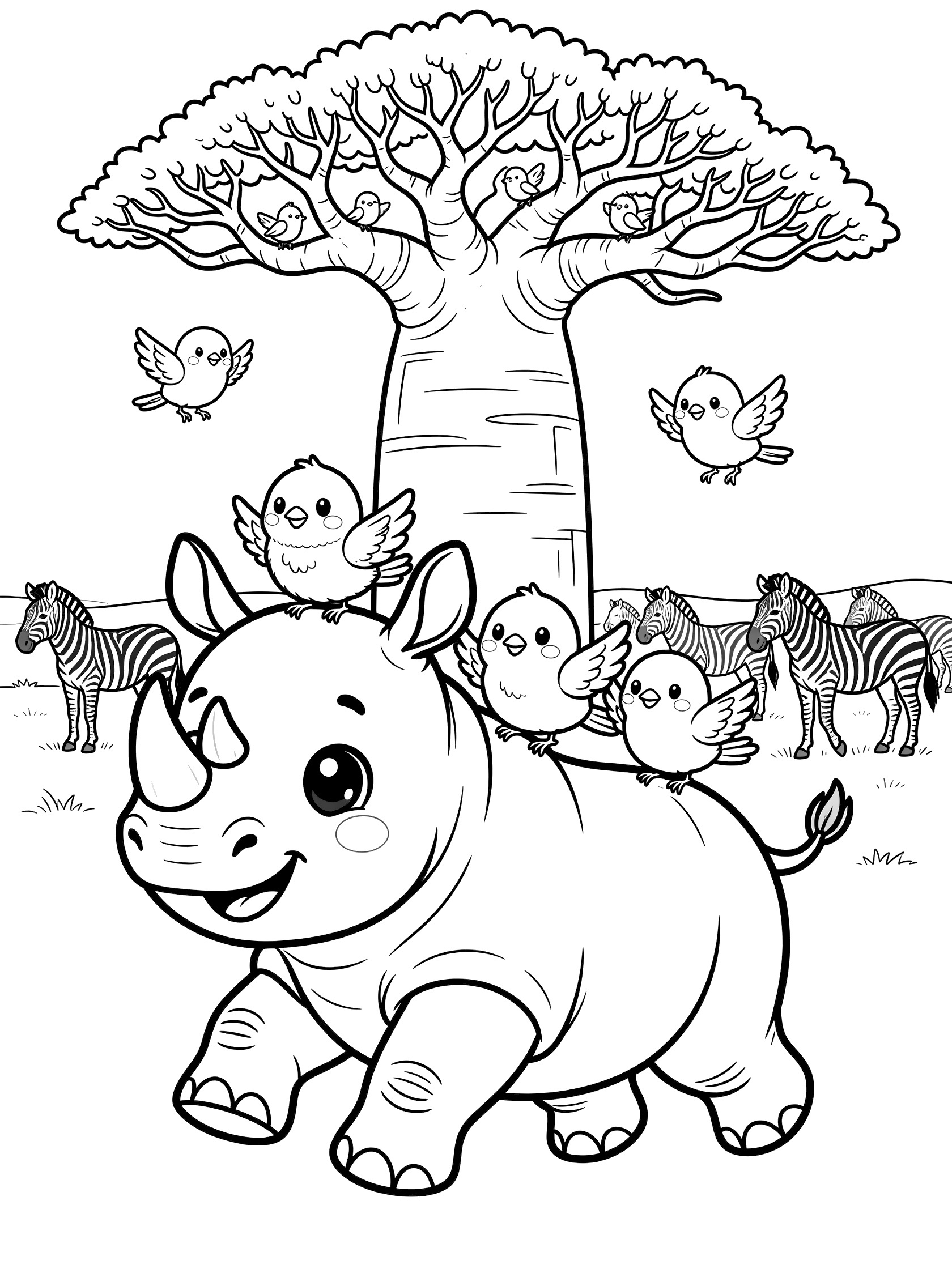 Printable coloring page showing a cute chubby rhino walking with big eyes small birds flying around and landing on it zebras standing nearby and a large tree with wide branches. Rhinoceros themed black and white printable line art