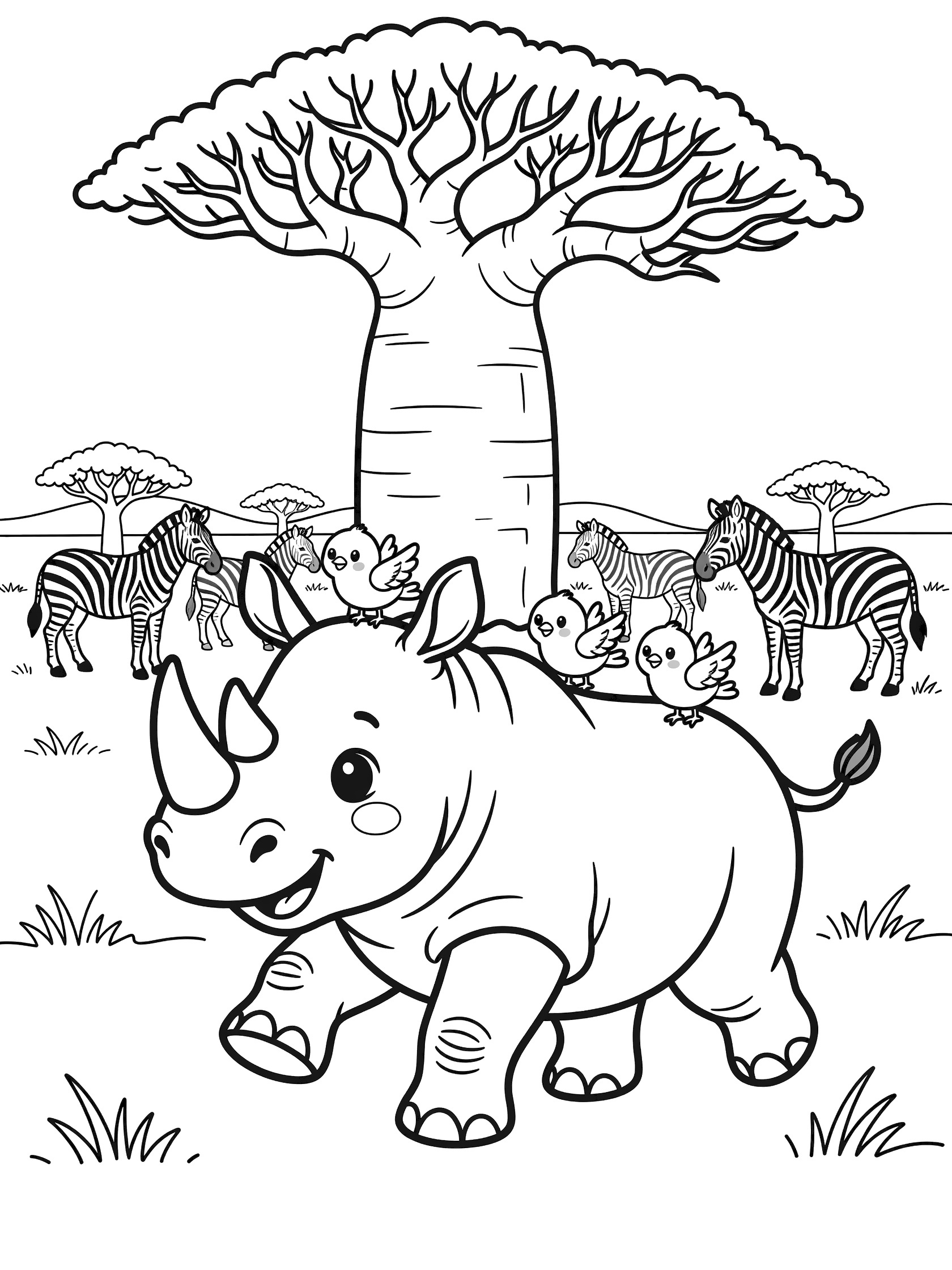 Printable coloring page showing a cute chubby rhino with big eyes walking in grass, small birds on its back and head, zebras standing nearby, and a tall baobab tree in the background on white background. Rhinoceros themed black and white printable line art