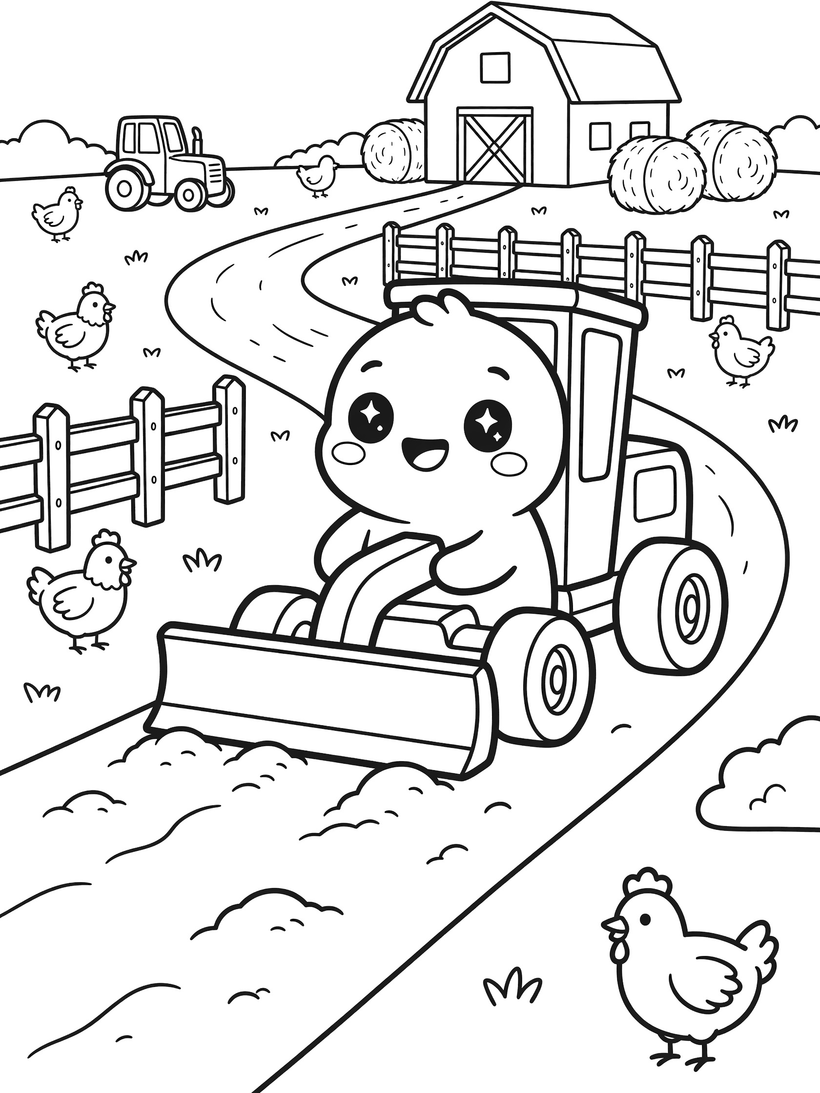 Kawaii road grader with big eyes and smile lowering blade on farm lane coloring page, with barn, fences, hay bales, tractor and chickens