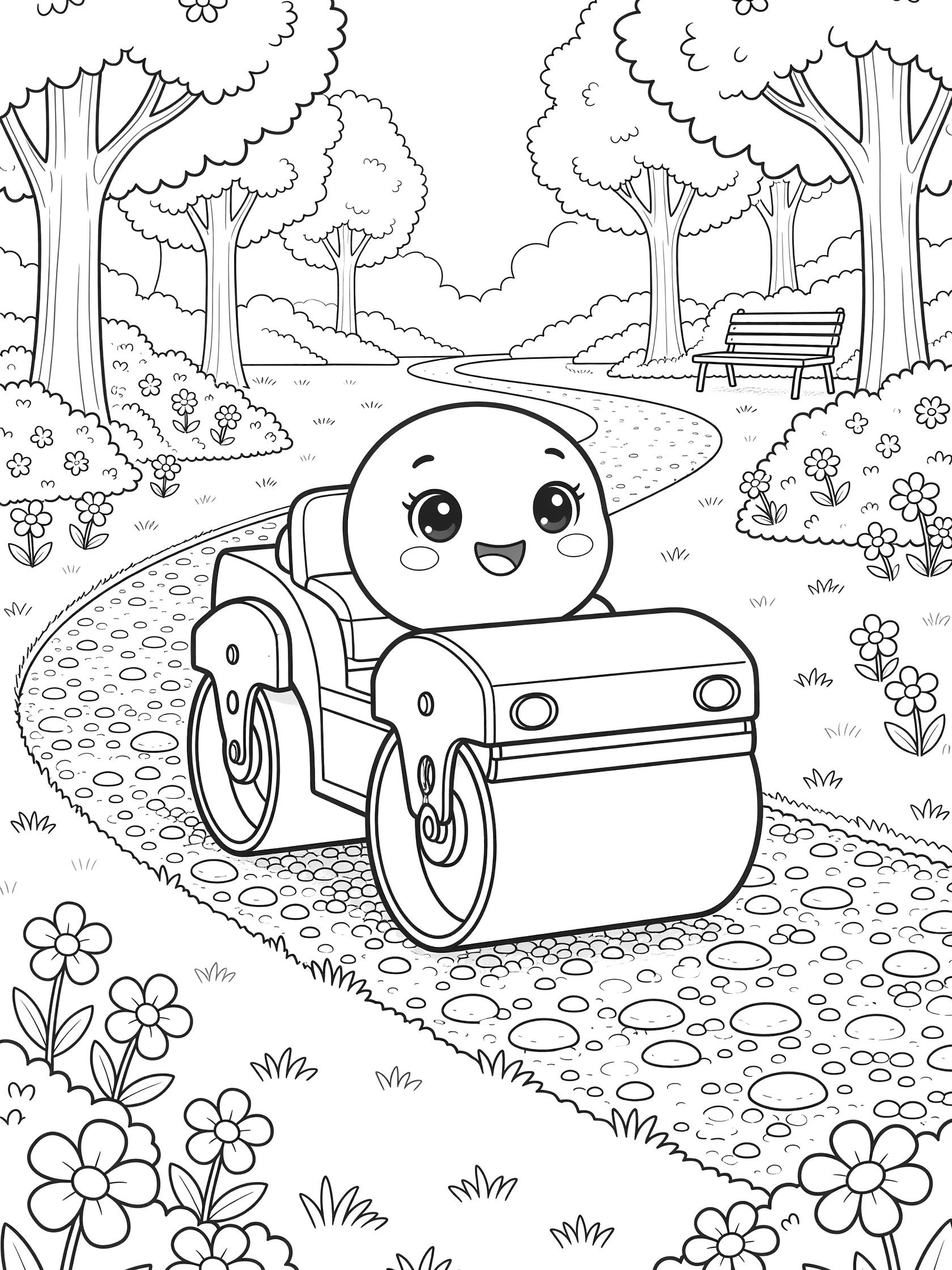 Kawaii road roller with sparkling eyes, rosy cheeks outline, and wide smile rolling along gravel path lined with flowers and bushes, trees and bench in background, coloring page