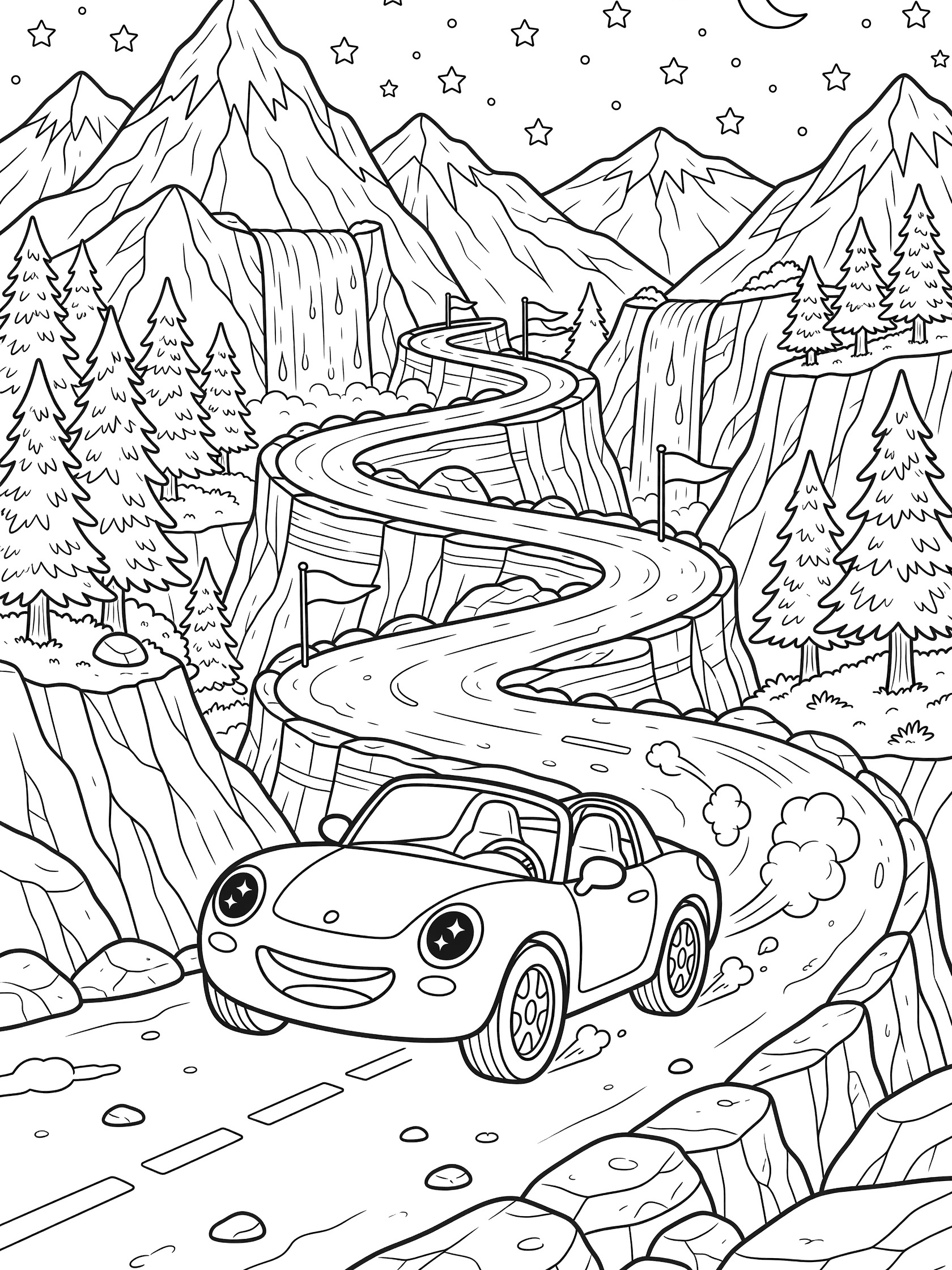 Kawaii roadster car with sparkling headlight eyes, smiling grille, and rosy cheeks leaning into a curve on a rocky mountain road with pine trees, cliffs, waterfalls, and starry sky.