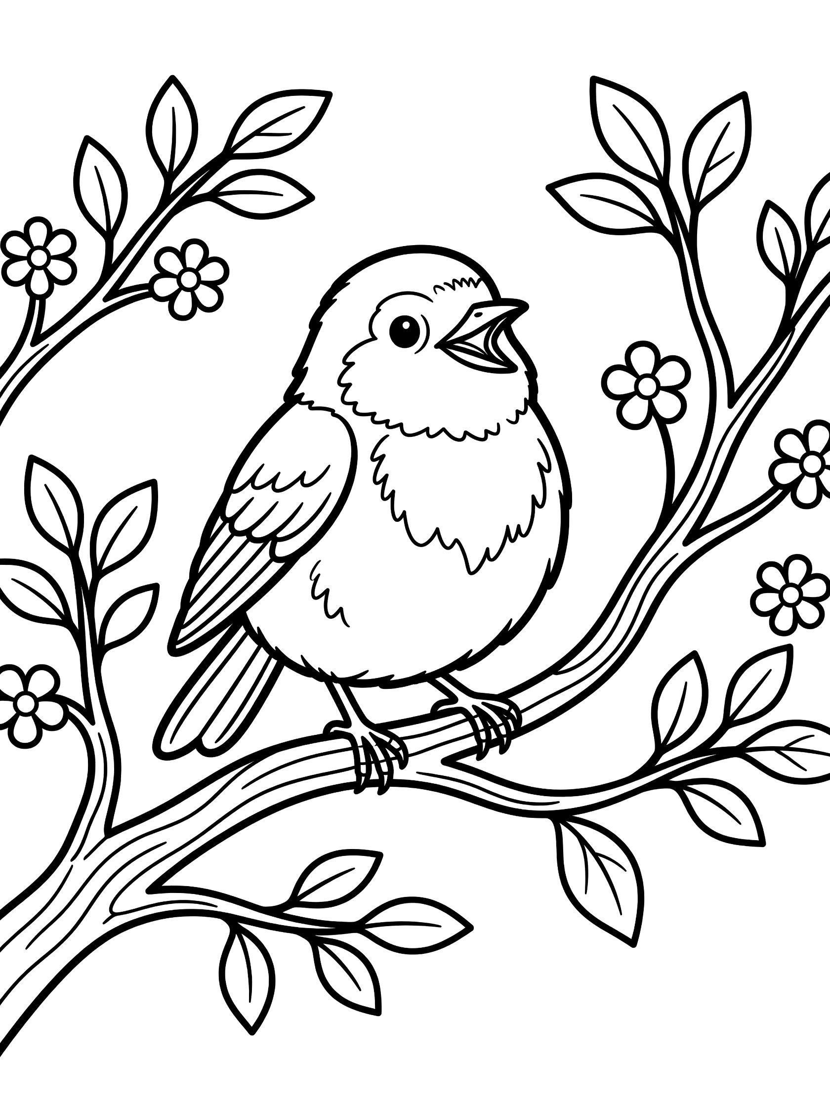 Black and white line art coloring page showing a fluffy robin bird with open beak on a twisting branch with simple leaves and budding flowers