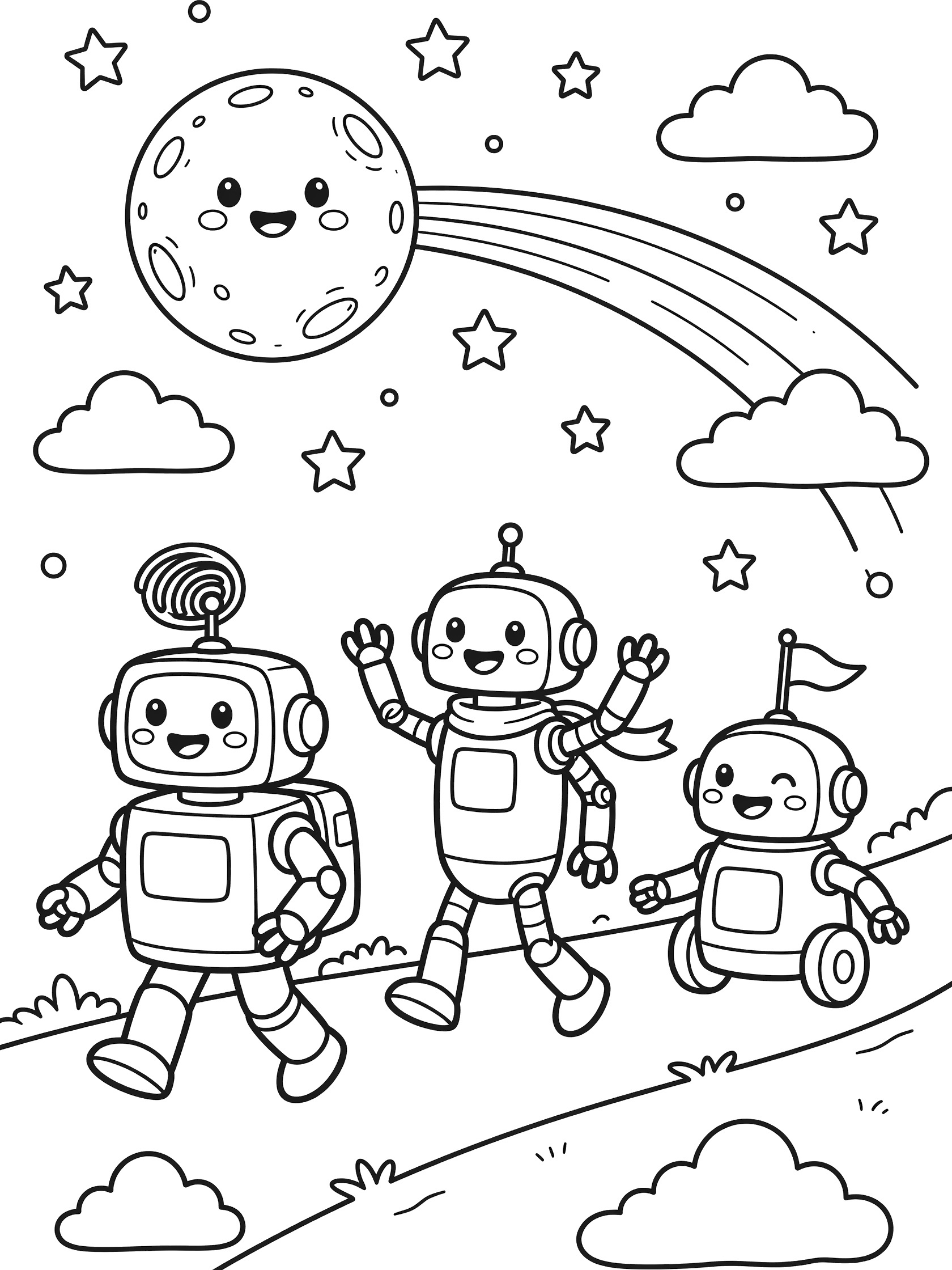 Black and white coloring page showing three cute friendly robots in a parade marching with flags under a big smiling moon, rainbow, stars and fluffy clouds