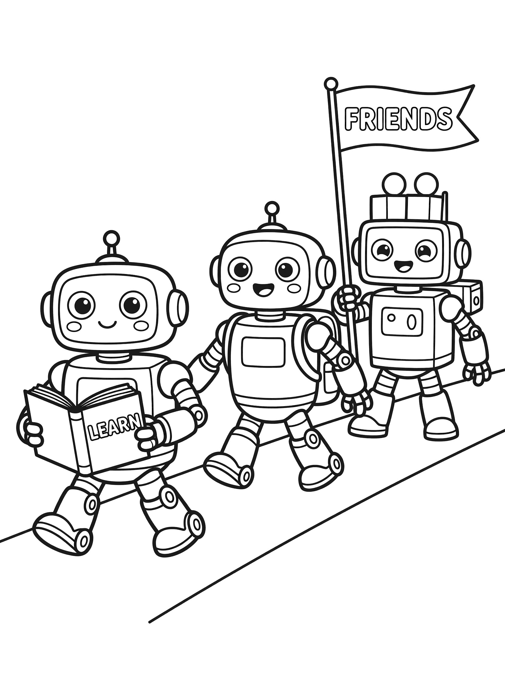 Printable coloring page showing a friendly robot parade with three cute cartoon robots walking together, one holding a book and another carrying a 'FRIENDS' flag.