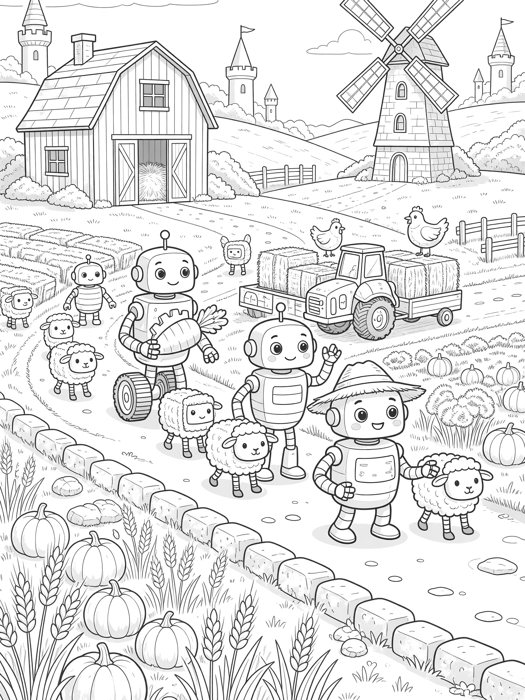 Black and white line art coloring page showing cute robots in a parade herding sheep along a farm path with barn, windmill, castles, pumpkins, wheat, chickens, and tractor.
