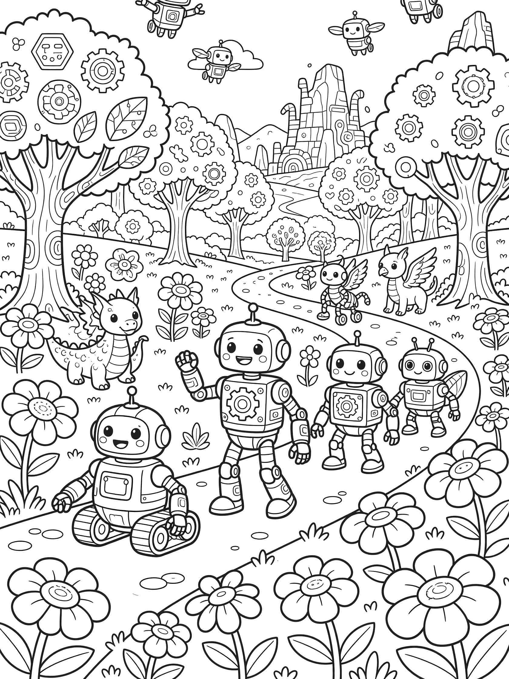 Black and white line art of a parade of friendly cute robots walking and flying through a fantasy forest path with geared trees, big flowers, baby dragons, and a tall castle mountain in the background.