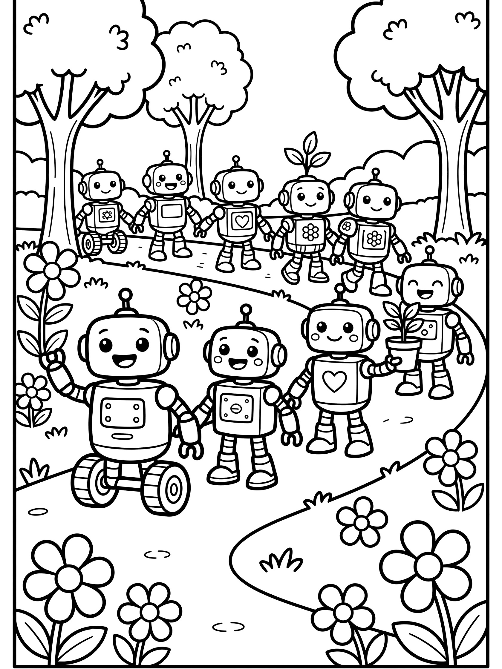Black and white printable coloring page showing happy cartoon robots parading on a winding path surrounded by trees, flowers, and grass.