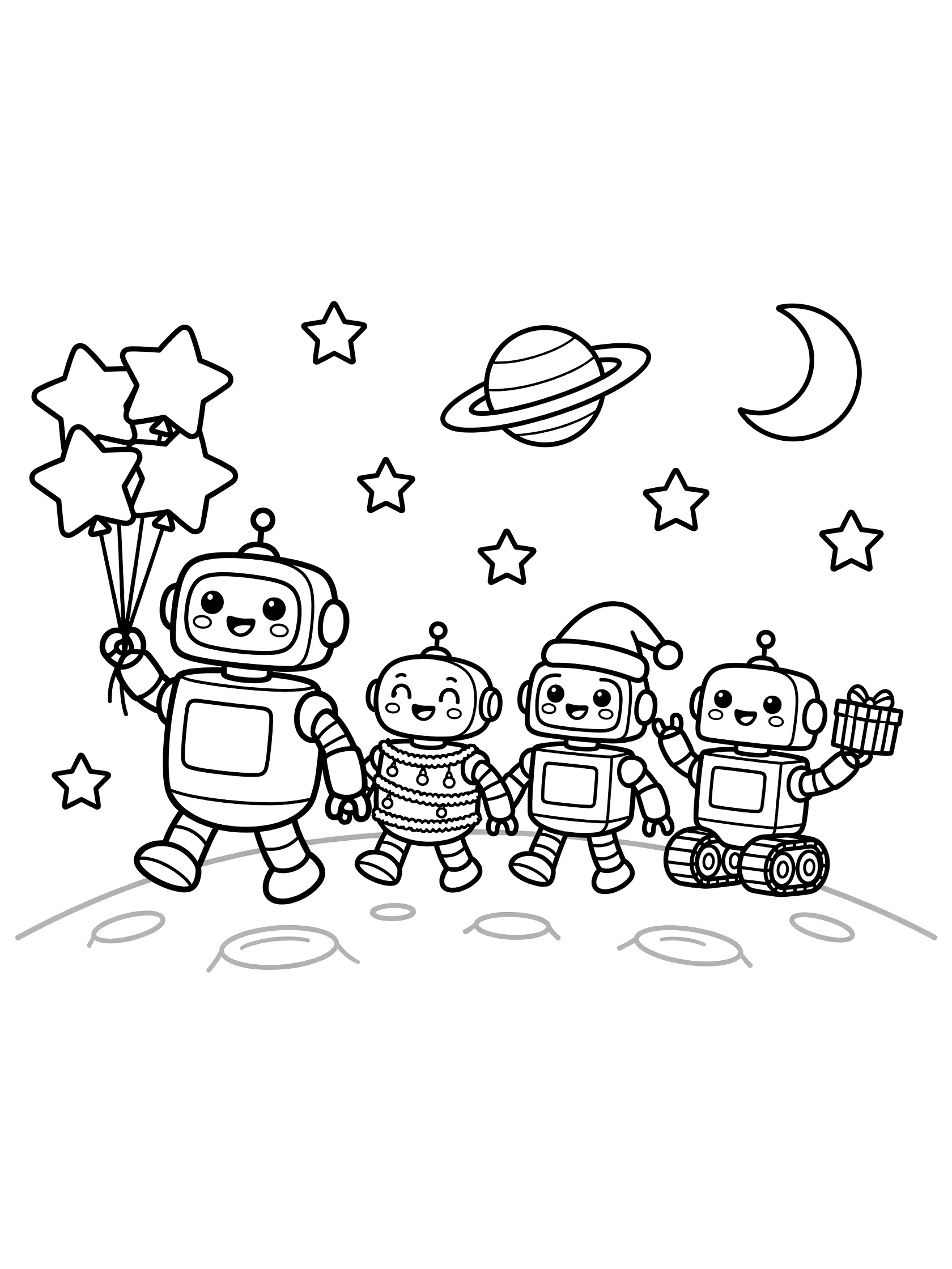Kawaii friendly robot parade coloring page on the moon with cute robots holding balloons and gifts, stars, planet and crescent moon.