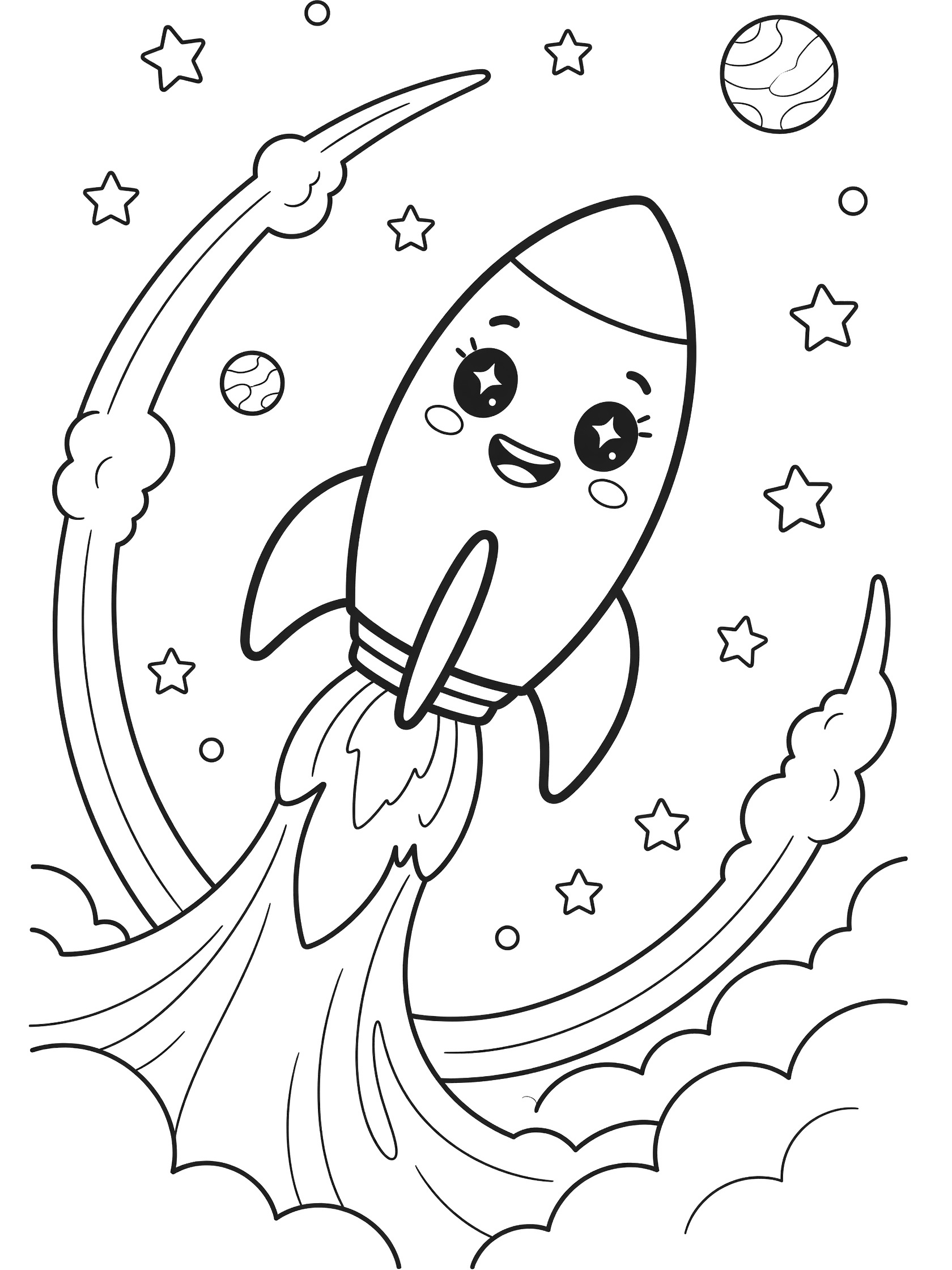 Kawaii rocket booster coloring page with sparkling eyes, smile, engine flames, stars, and planets in outer space