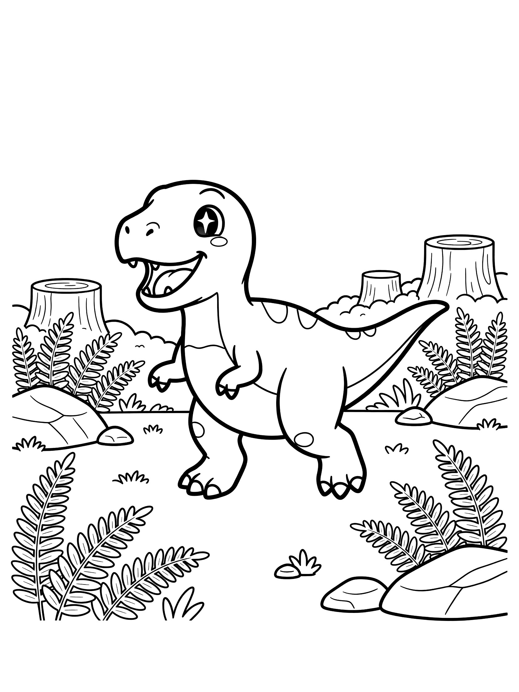 Kawaii-style Allosaurus coloring page showing a chubby dinosaur with big sparkling eyes, tiny arms, and open mouth running on hind legs amid ferns, rocks, and boulders.