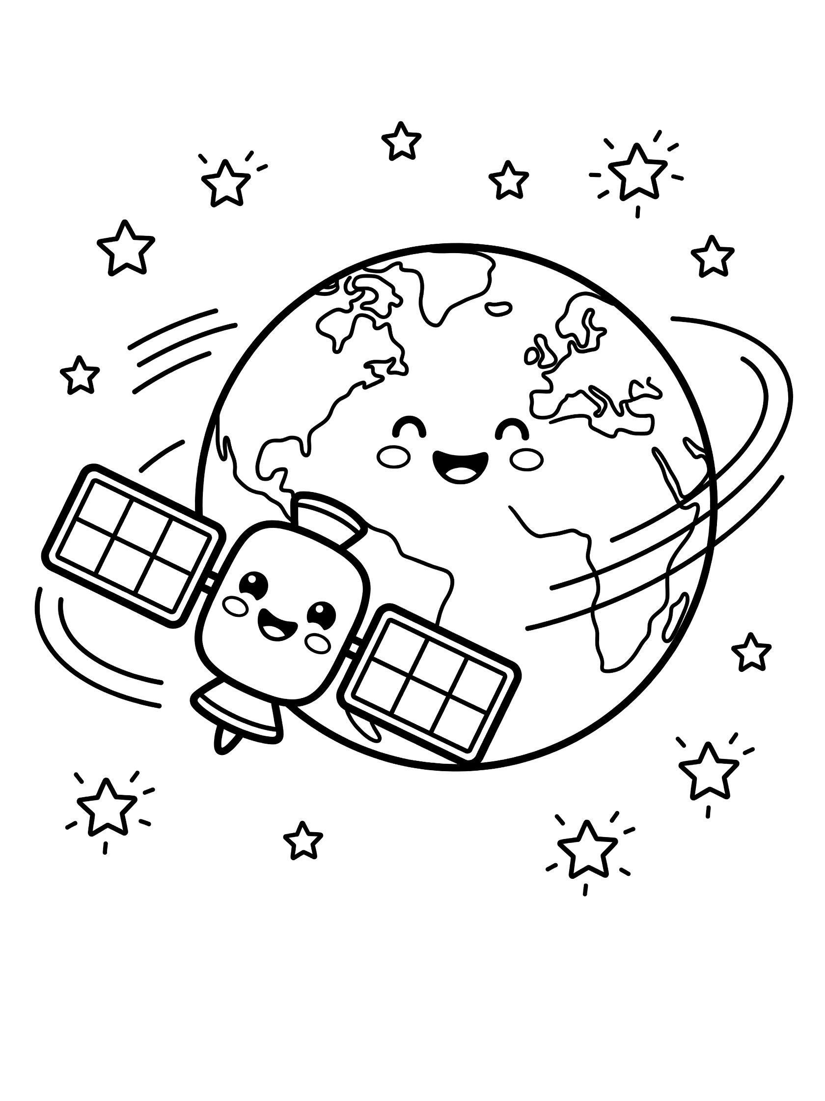 Printable coloring page showing a happy-faced satellite with solar panels orbiting a smiling Earth surrounded by stars