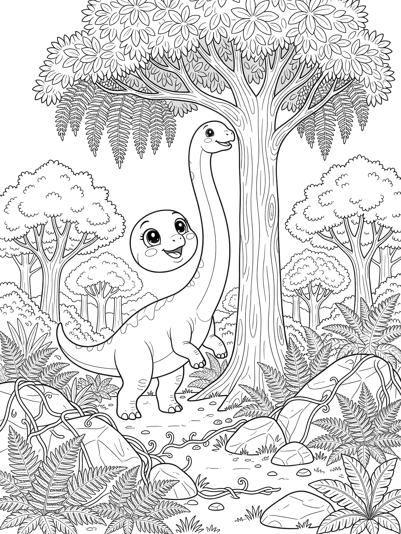 Kawaii-style line art coloring page of adorable Sauroposeidon rearing up to reach high branches on a big tree, surrounded by ferns, vines, rocks and forest plants.