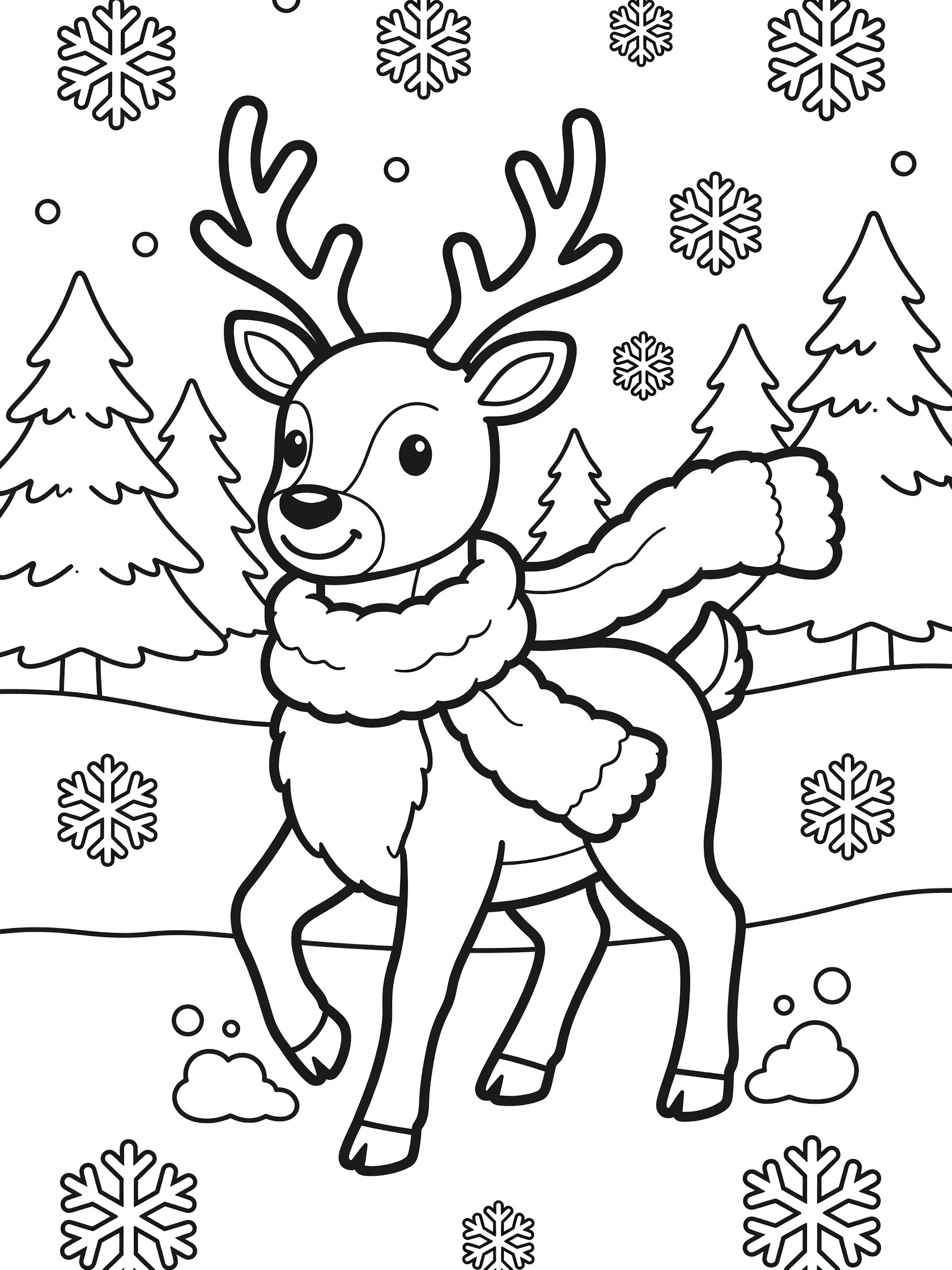 Black and white line art coloring page showing a reindeer wearing a long scarf, kicking up snow, with pine trees and snowflakes in a winter scene.