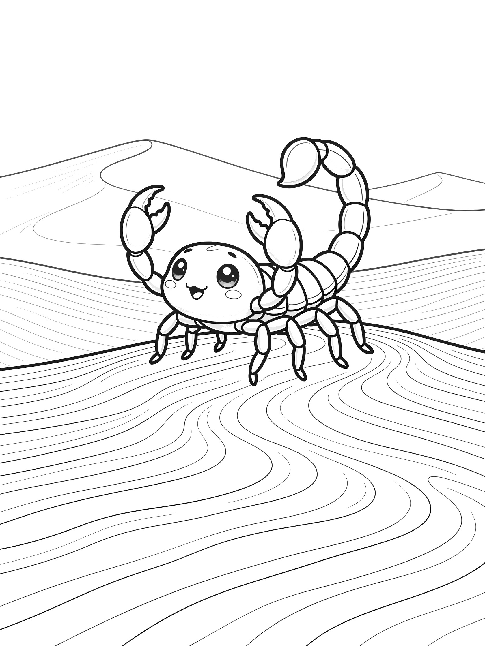 Kawaii-style scorpion with raised pincers crawling over rippled sand dunes in the Arabian Desert, clean line art coloring page