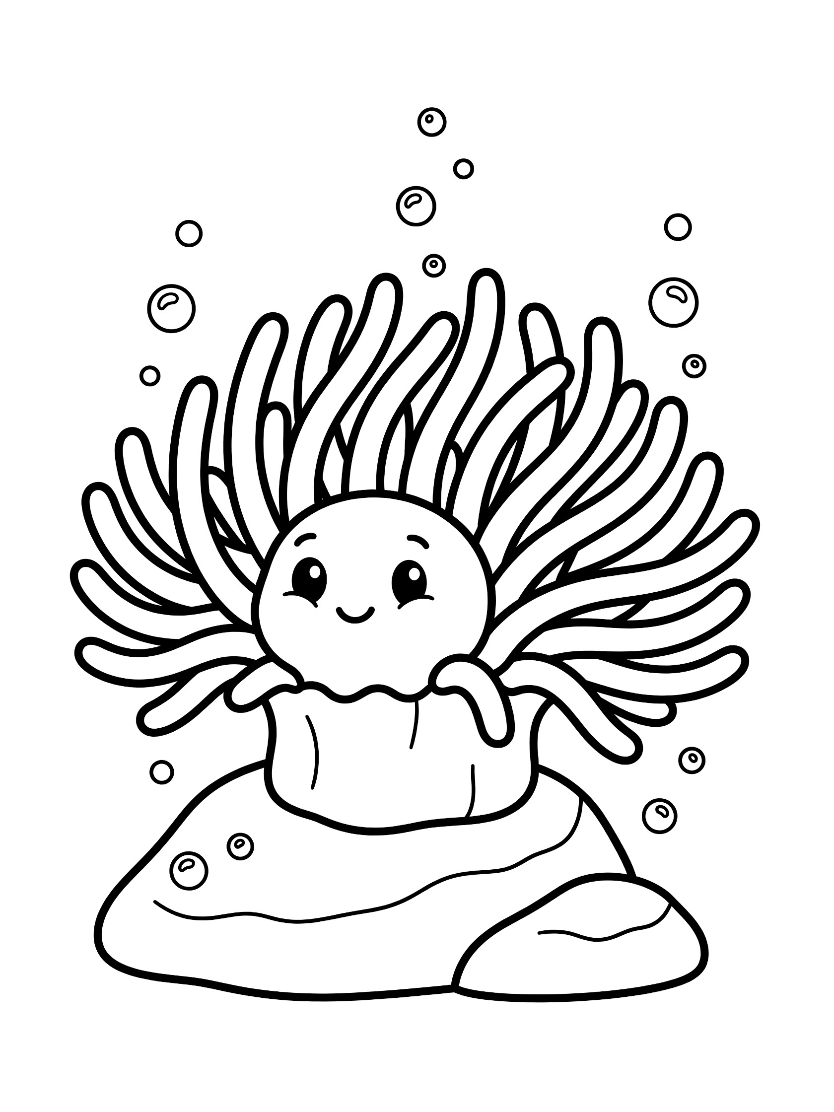 Black and white line art coloring page showing a cute sea anemone with waving tentacles on a rock and floating bubbles.