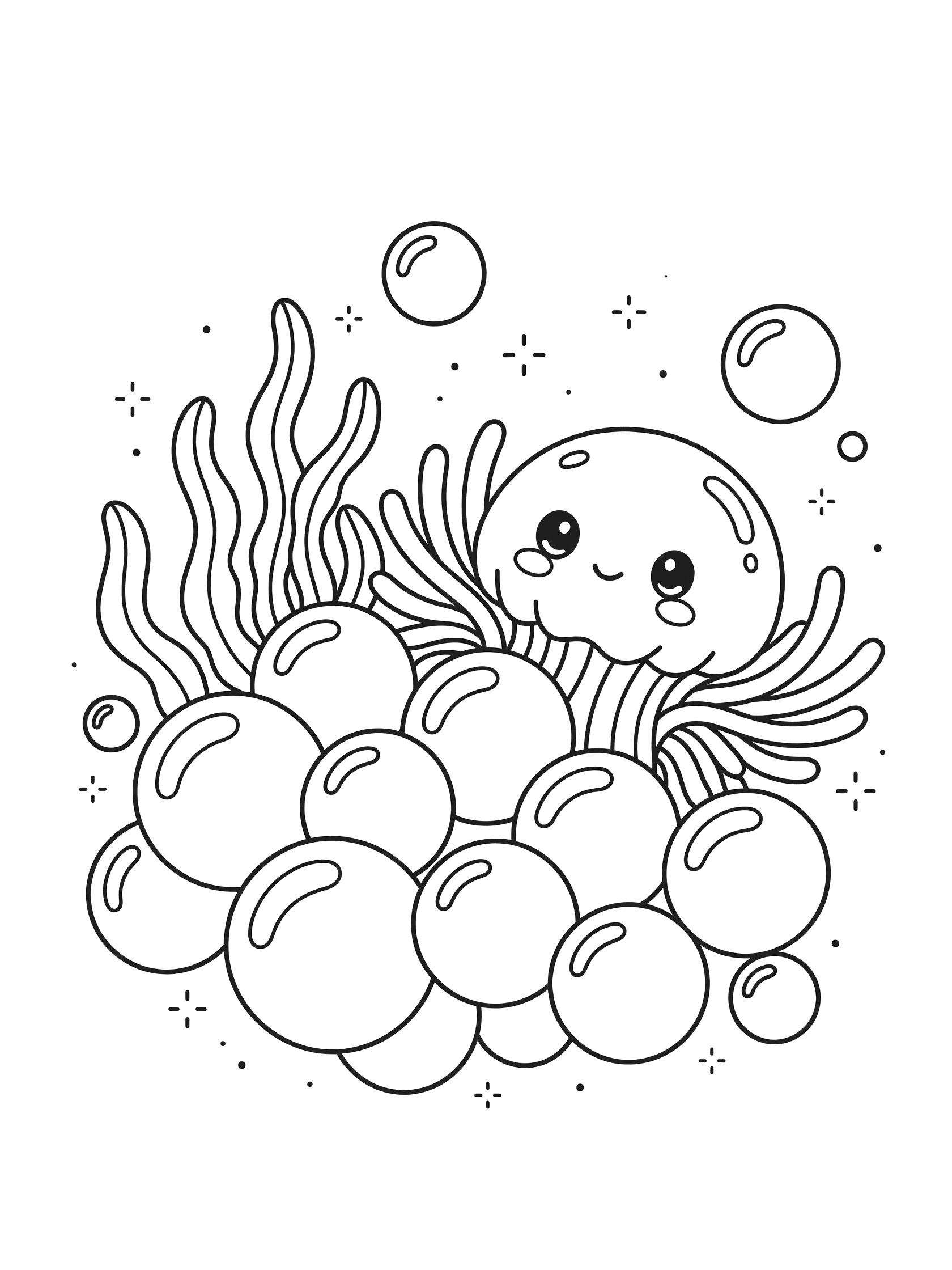 Black and white line art coloring page showing a kawaii sea anemone hiding behind bubble cluster, with playful tentacles toward floating seaweed and whimsical sparkle dots.