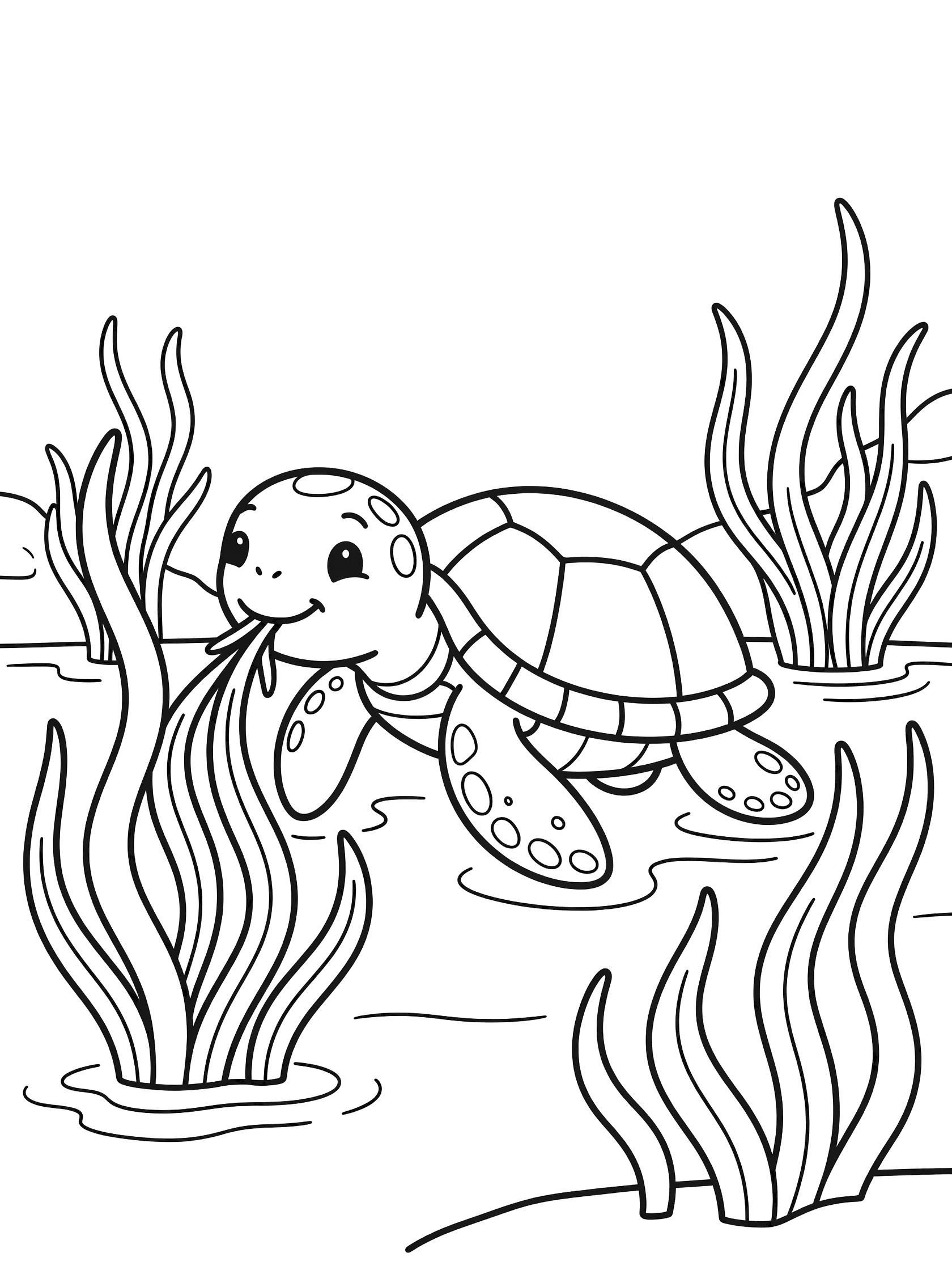 Black and white line art coloring page showing a happy sea turtle with big eyes eating long wavy seagrass blades in shallow water