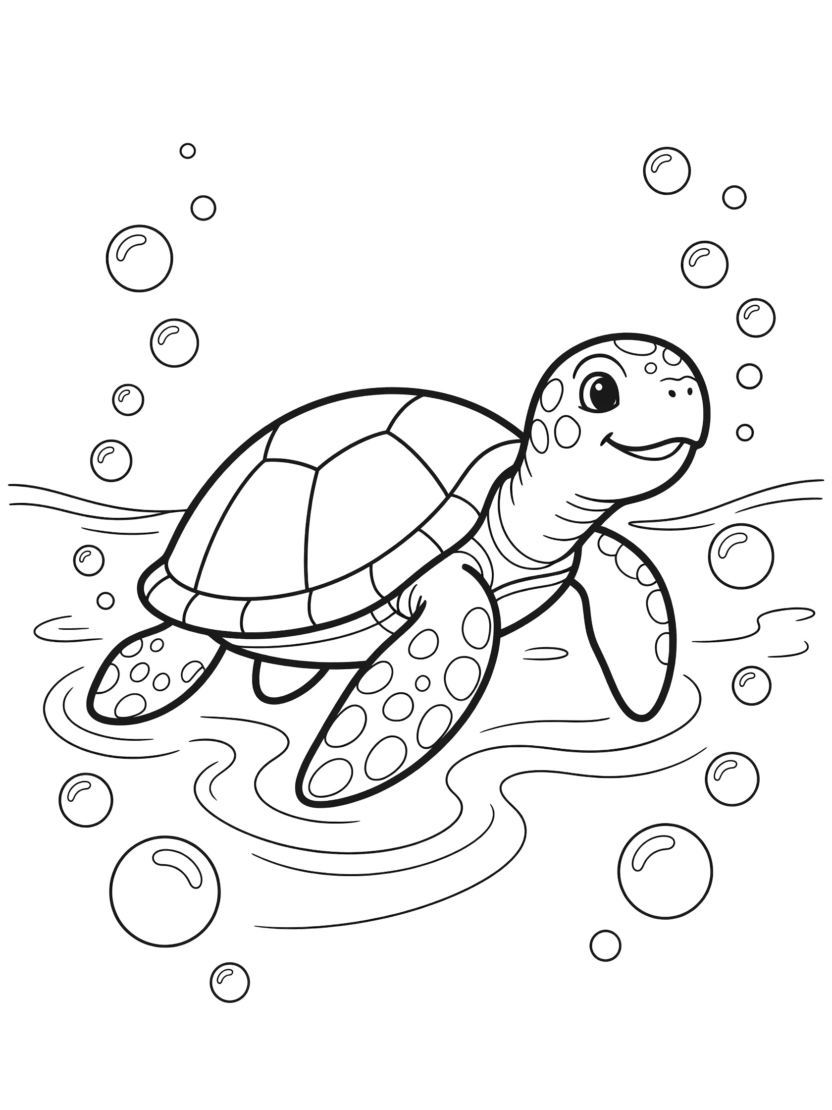Black and white line art coloring page showing a friendly sea turtle swimming with bubbles and wavy water lines