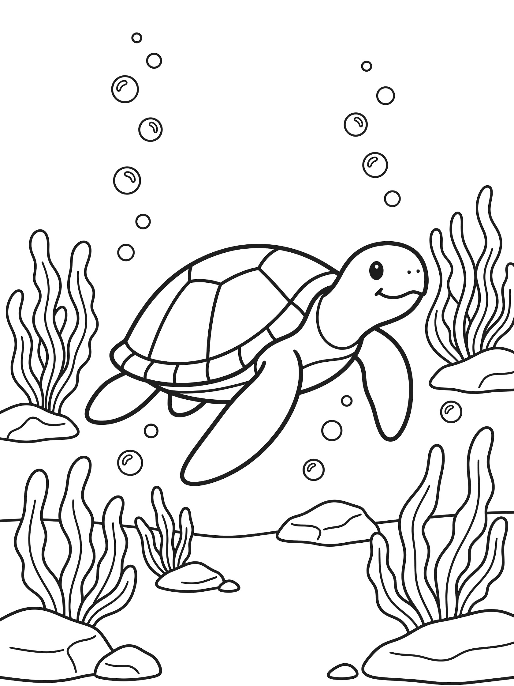 Black and white line art coloring page showing a cute sea turtle swimming underwater surrounded by bubbles, seaweed, and seafloor rocks. Hawaii themed black and white printable line art