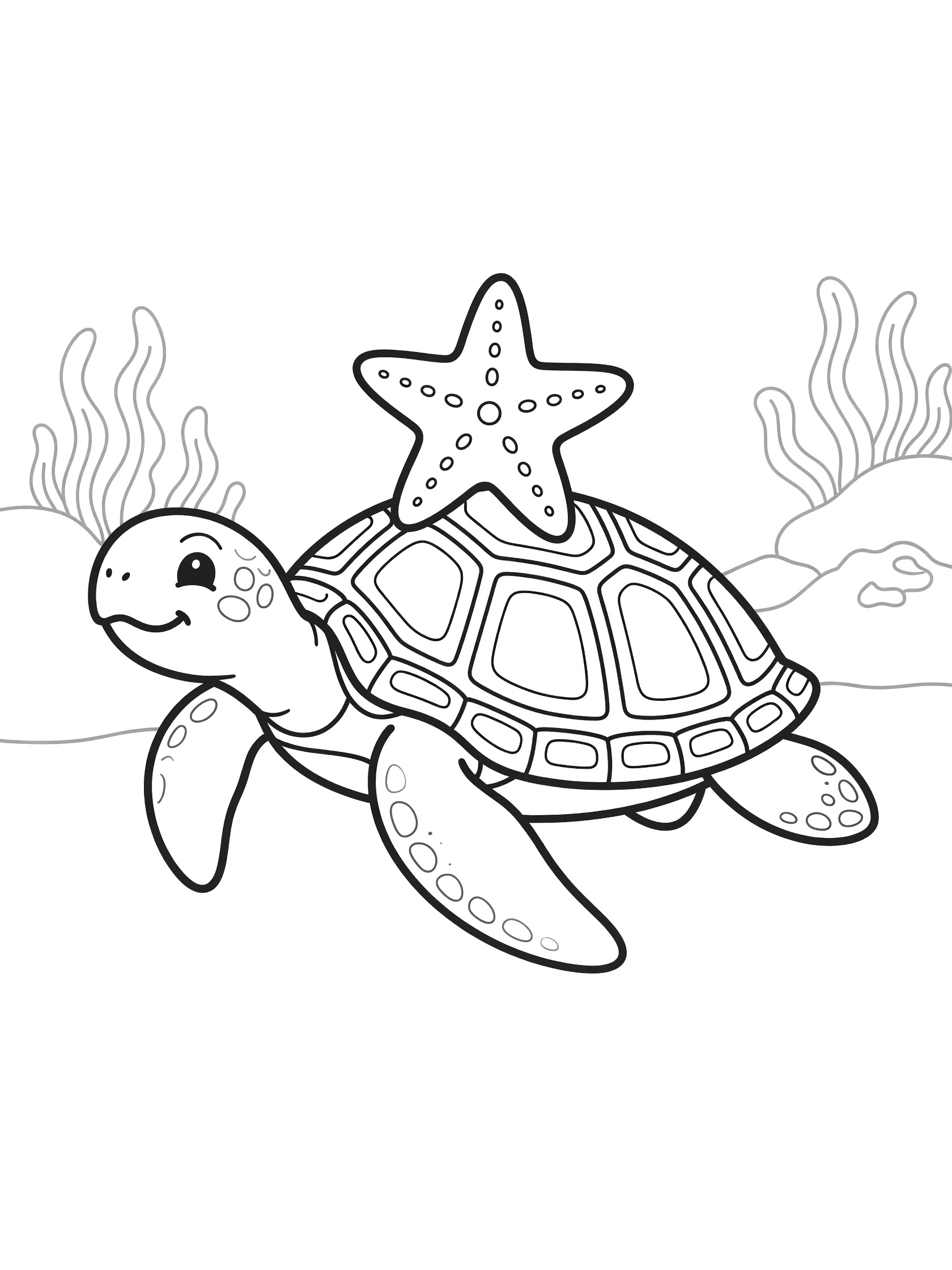Black and white line art coloring page showing a smiling sea turtle swimming with a starfish on its textured shell, seaweed and rocks in the background.