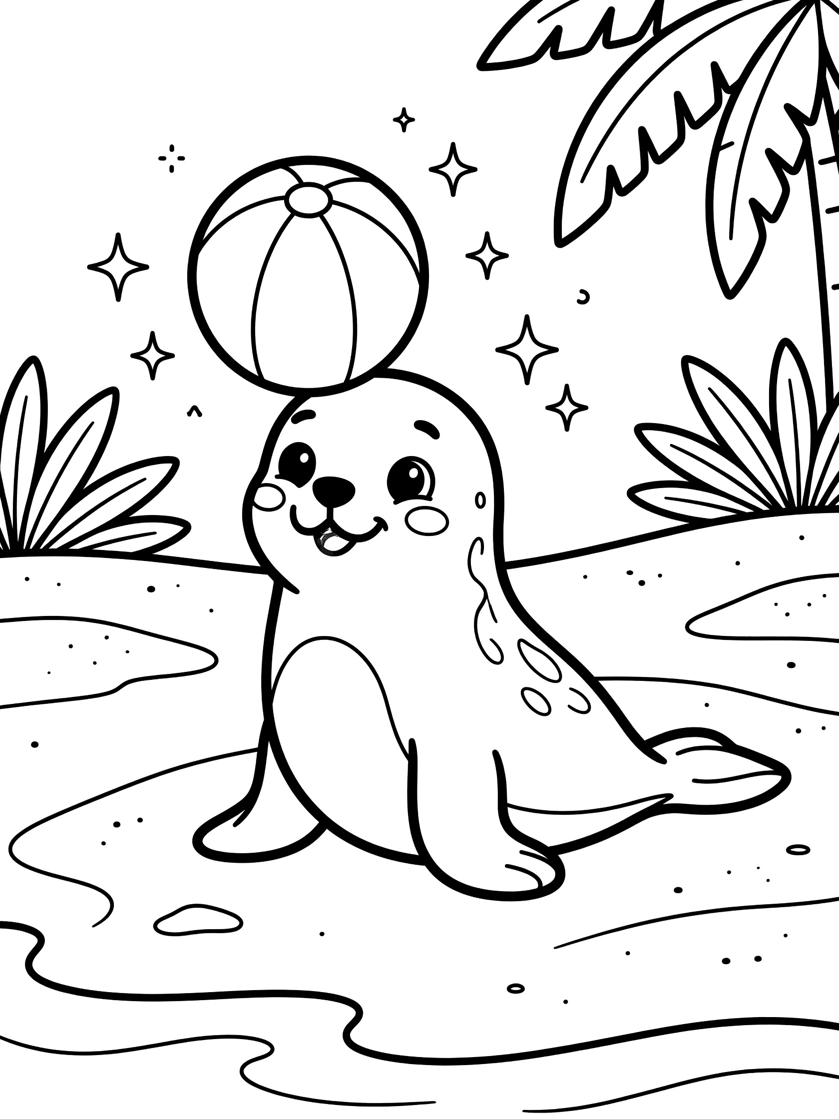 Black and white line art coloring page showing a happy seal sitting on sandy shore balancing a round beach ball on its nose, with palm leaves, simple waves and sparkles in the background.