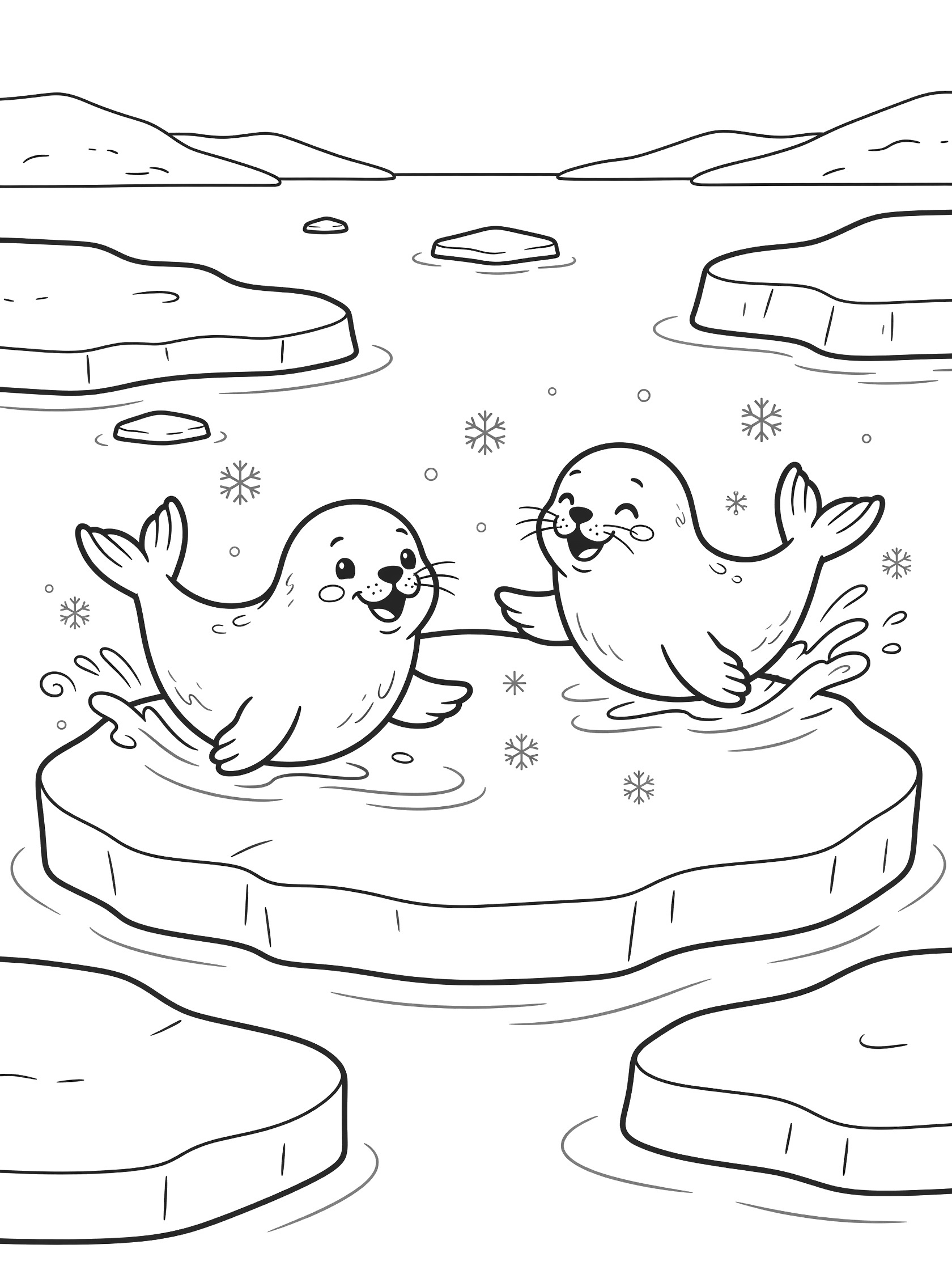 Whimsical line art coloring page showing two happy seals chasing each other on chunky ice at the North Pole with snowflakes, waves, and distant hills.