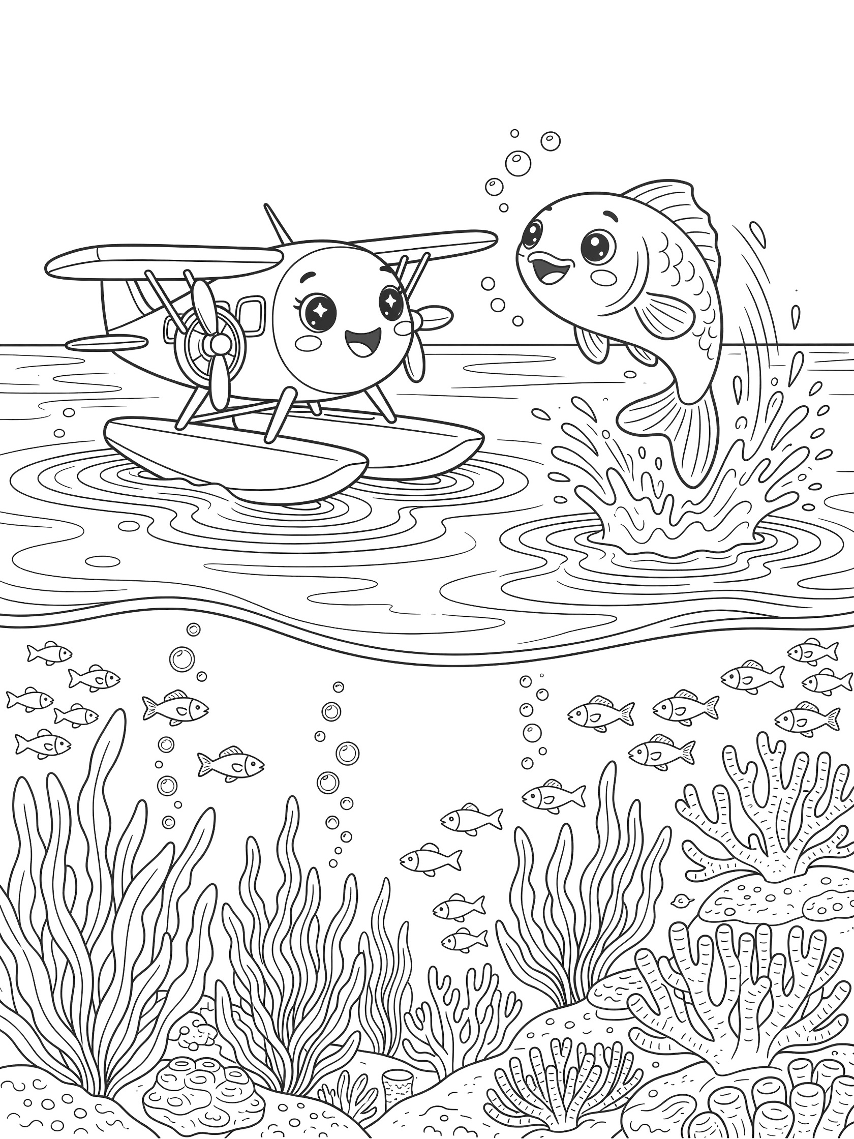 Kawaii-style seaplane with big eyes and smile on water next to jumping fish with grin, splashes, underwater kelp, coral, bubbles and small fish in line art.