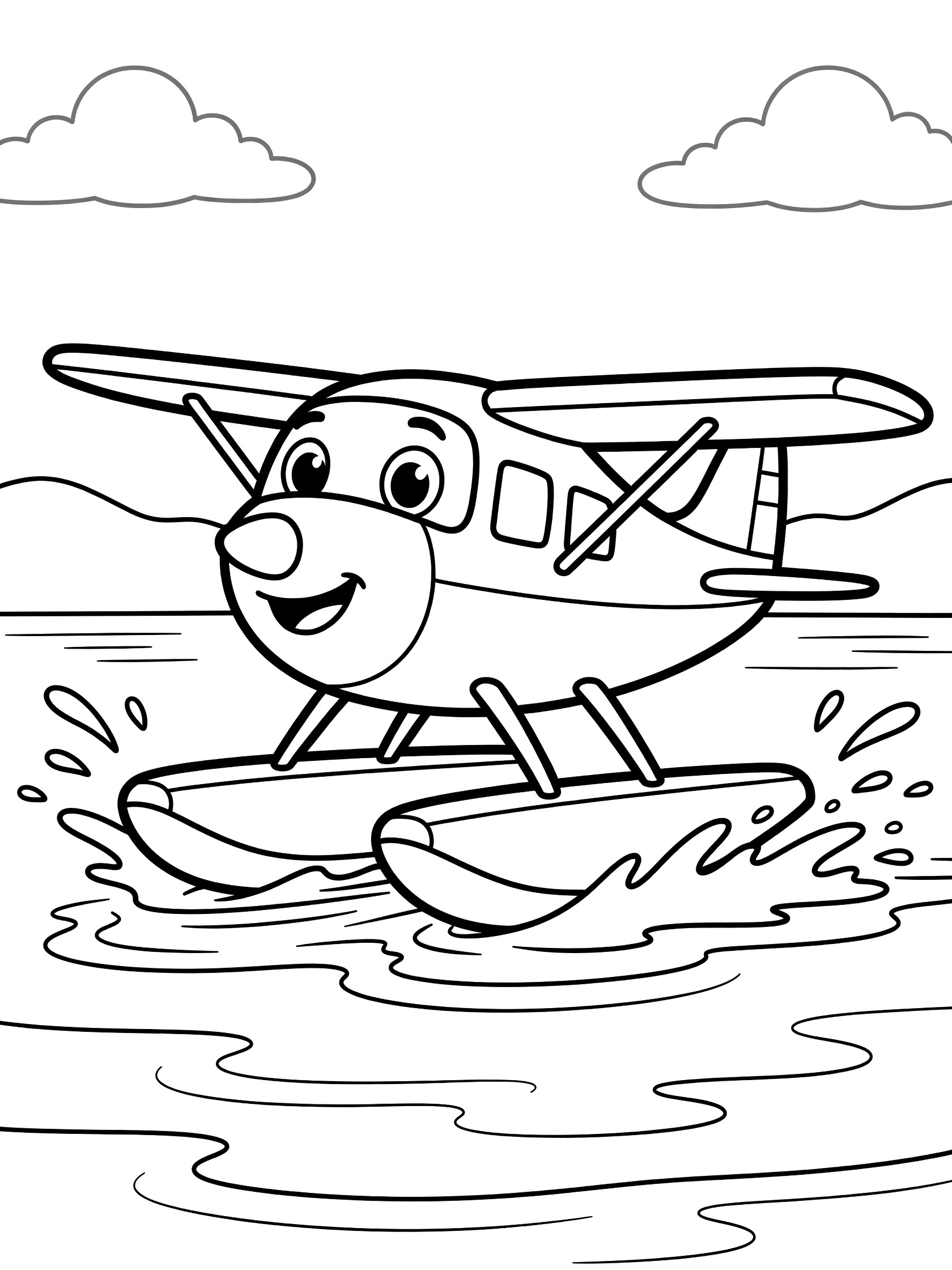 Black-and-white line art of a cheerful cartoon seaplane with friendly eyes taking off from a lake, splashing water from pontoons, with waves, hills, and fluffy clouds.