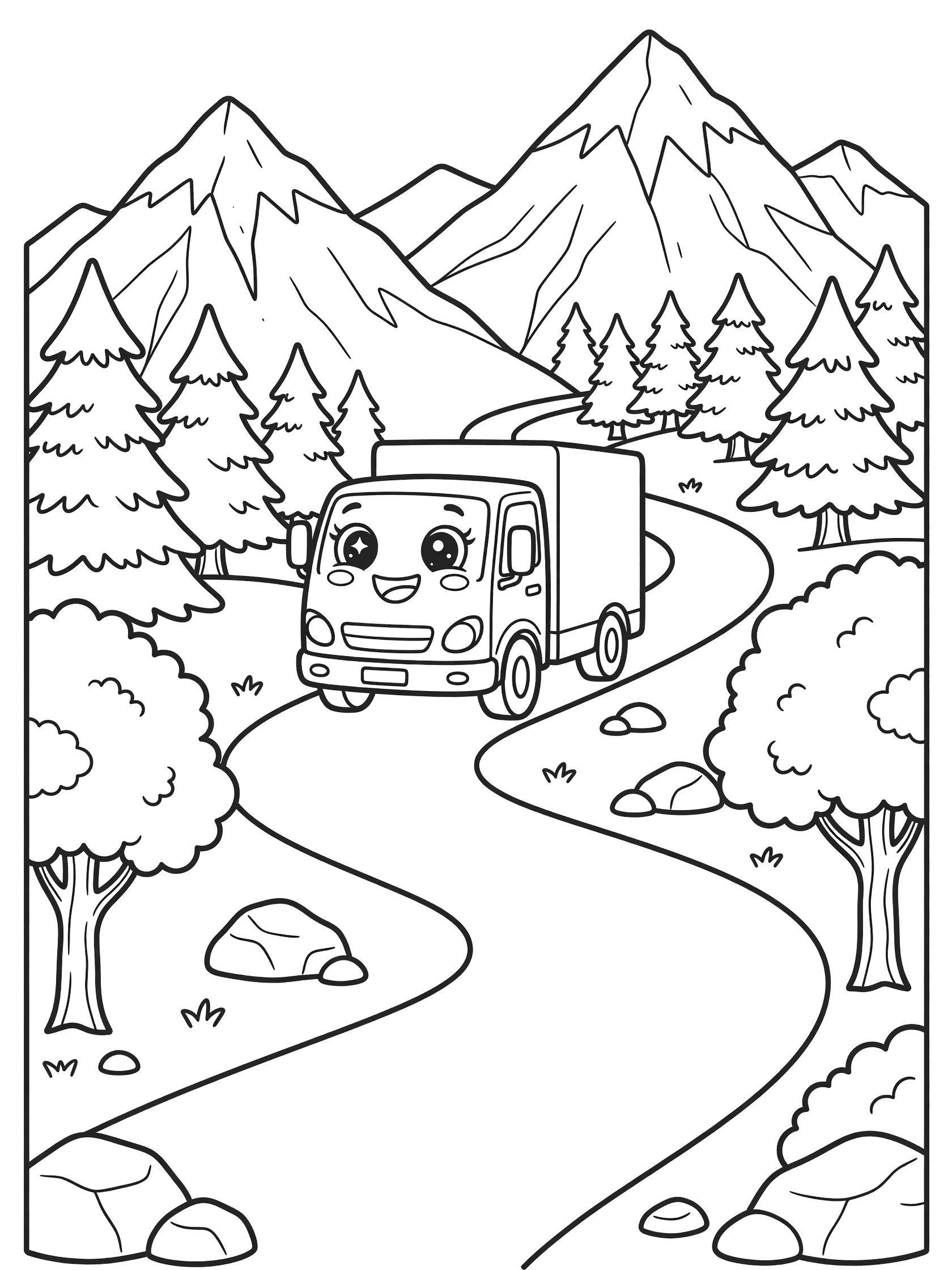 Black and white line art of a cute semi truck with sparkling eyes and smile on a curvy mountain road with fluffy pine trees, boulders, and rocky peaks.